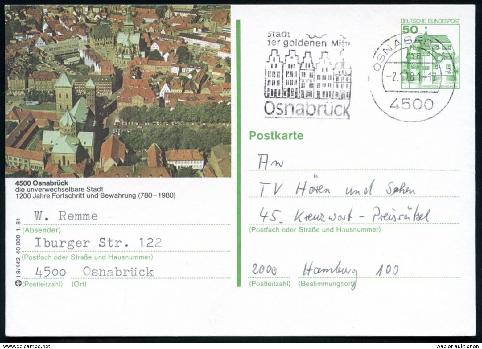 4500 Osnabrück 1981 (2.11.) 50 Pf. BiP Burgen, Grün: 1200 Jahre ..(780-1980) = Altstadt Mit Domen + Ortsgleicher MWSt. O - Altri & Non Classificati