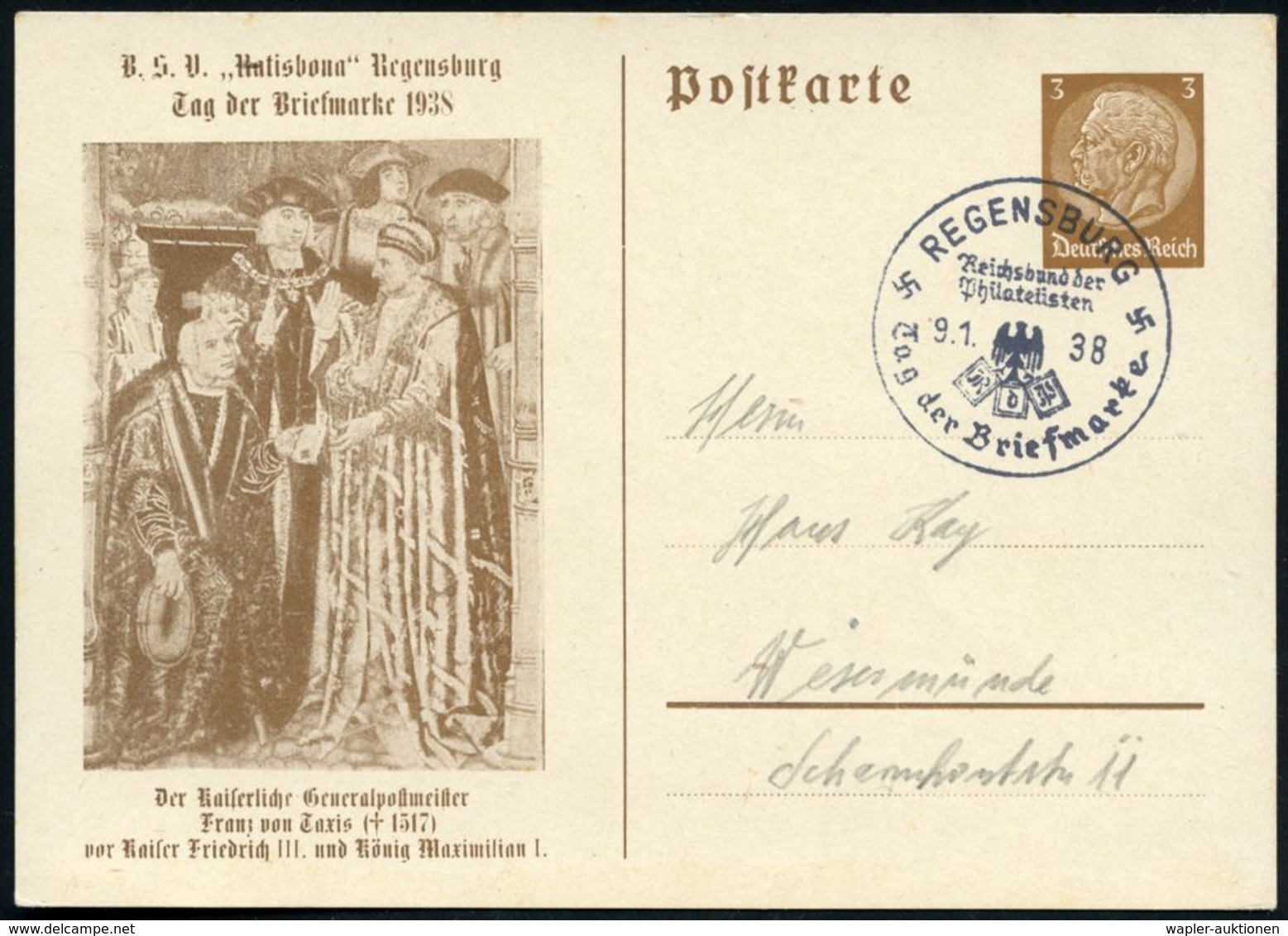 REGENSBURG/ Tag Der Briefmarke 1938 SSt Auf PP 3 Pf. Hindenbg. , Braun: Kaiser Maximilian I., Friedrich II., Fürst V. Ta - Altri & Non Classificati