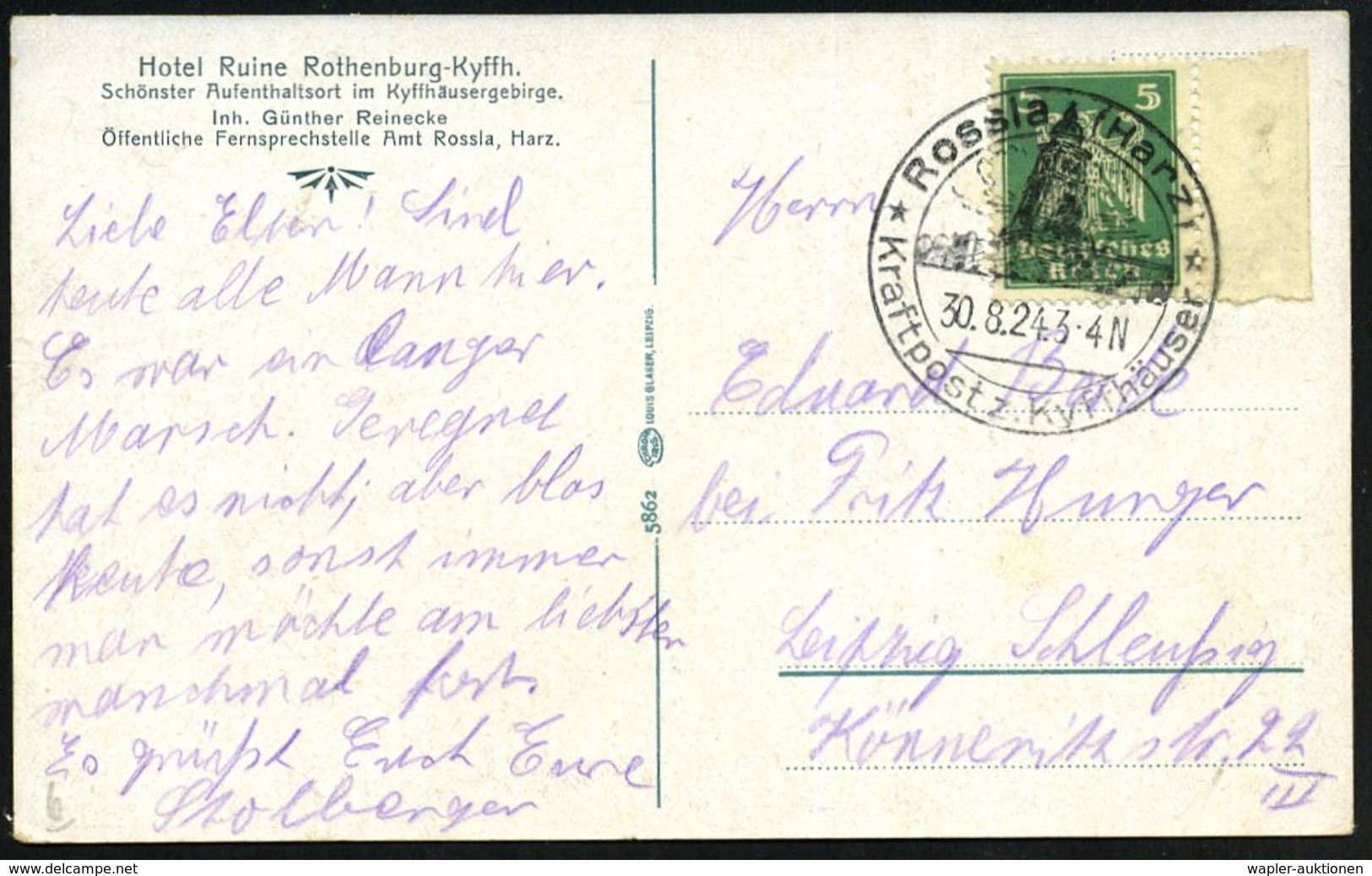 Rossla (Harz)/ Kraftpost Z.Kyffhäuser 1924 (30.8.) HWSt = Kyffhäuser-Denkmal (für Barbarossa U. - Kaiser-Wilhelm I.) Kla - Andere & Zonder Classificatie