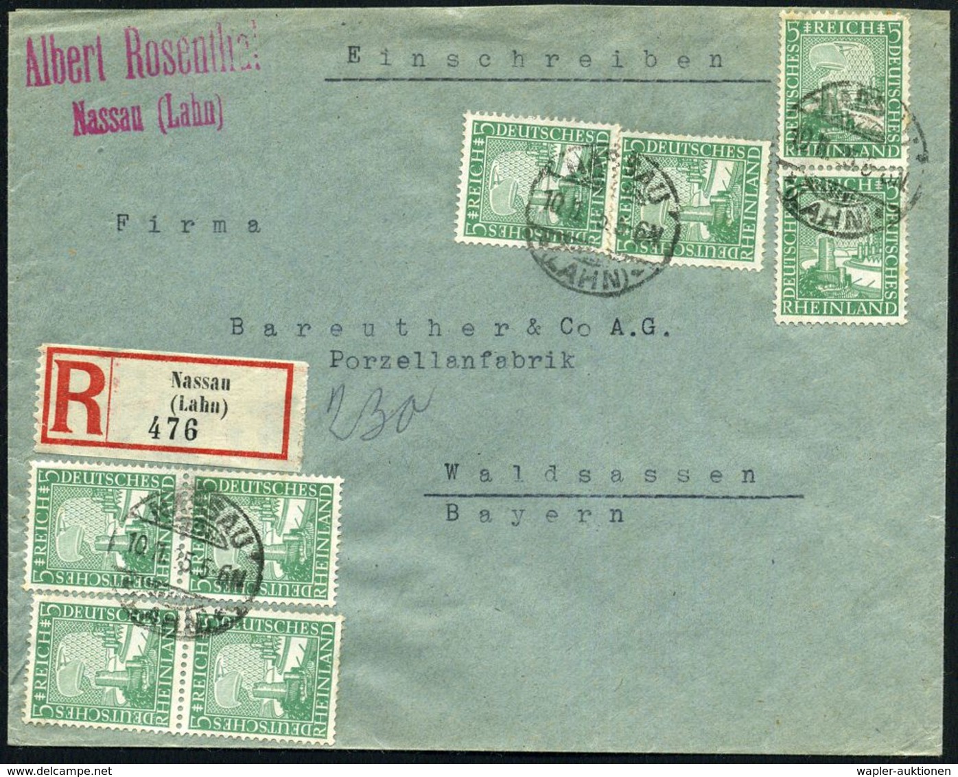 DEUTSCHES REICH 1925 (10.11.) 5 Pf. "1000 Jahre Rheinland", Reine MeF: 8 Stück + 1K-Gitter U. RZ: Nassau/(Lahn) , Sauber - Autres & Non Classés