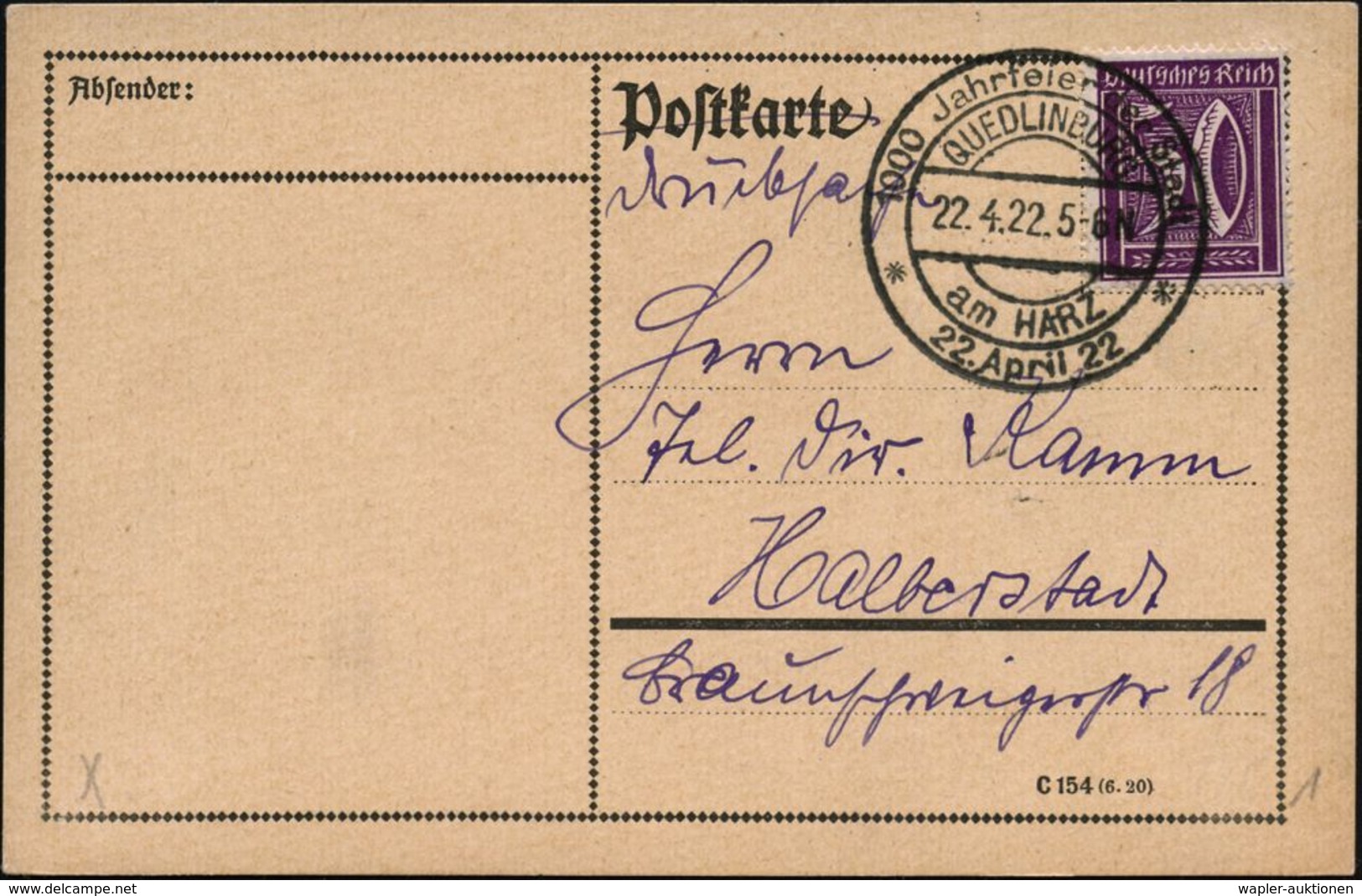 QUEDLINBURG/ Am HARZ/ 1000 Jahrfeier Der Stadt/ 22.April 22 1922 (22.4.) Seltener HWSt Glasklar Auf Inl.-Kt. (Bo.1) - DE - Andere & Zonder Classificatie