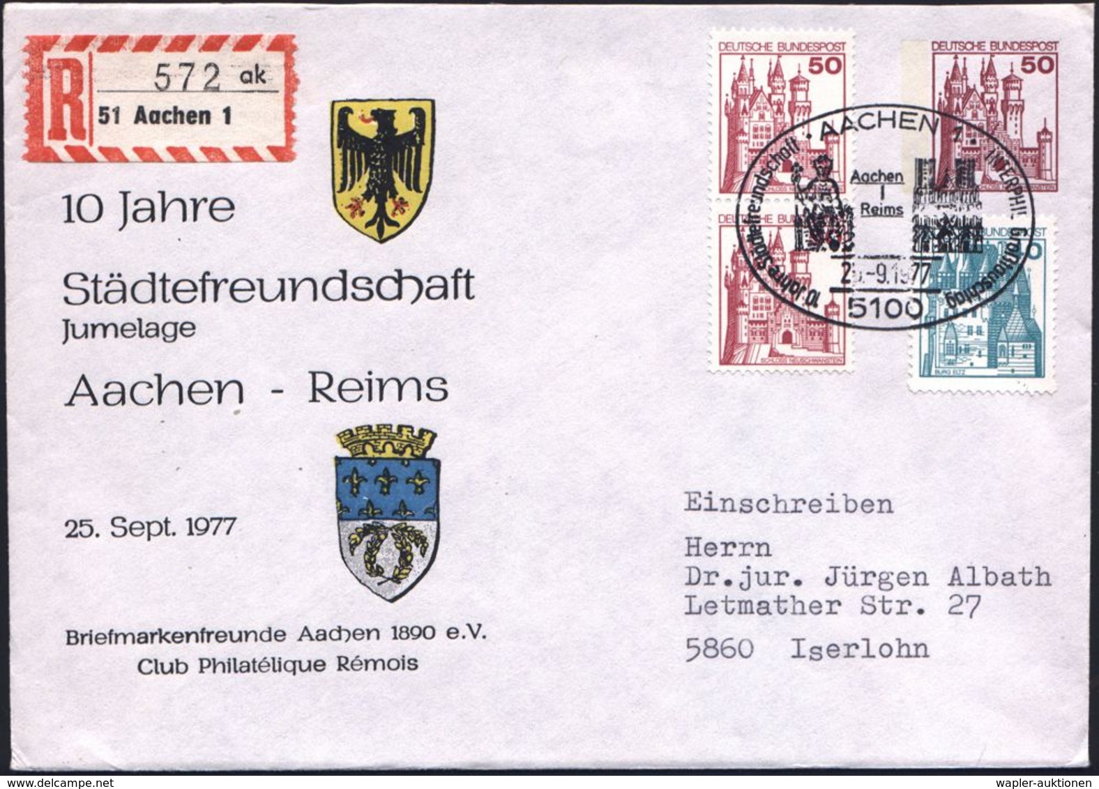 5100 AACHEN 1/ Aachen/ Reims/ 10 Jahre Städtefreundschaft 1977 (25.9.) SSt = Karl Der Große (u. Kathedrale V. Reims) + R - Andere & Zonder Classificatie