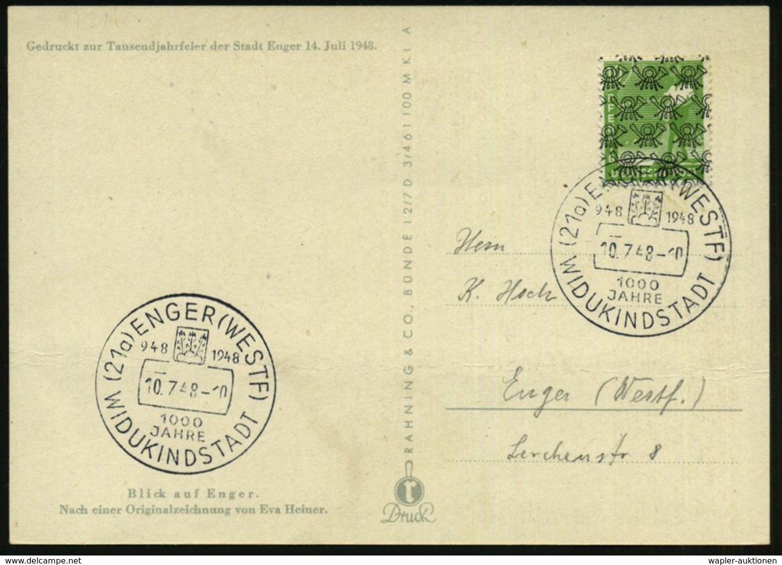 (21 A) ENGER (WESTF)/ 948../ 1000/ JAHRE/ WIDUKINDSSTADT 1948 (10.7.) SSt (Wappen) Auf Seltener, Monochromer Jubil.-Sond - Altri & Non Classificati