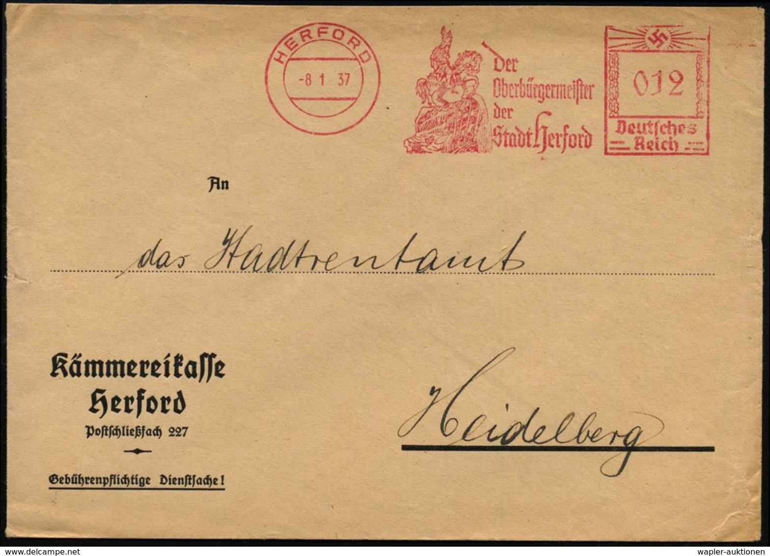 HERFORD/ Der/ Oberbürgermeister.. 1937 (8.1.) Dekorat. AFS = Wittekind Mit Flügelhelm Zu Pferd (Denkmal) Kommunal-Bf. (k - Andere & Zonder Classificatie