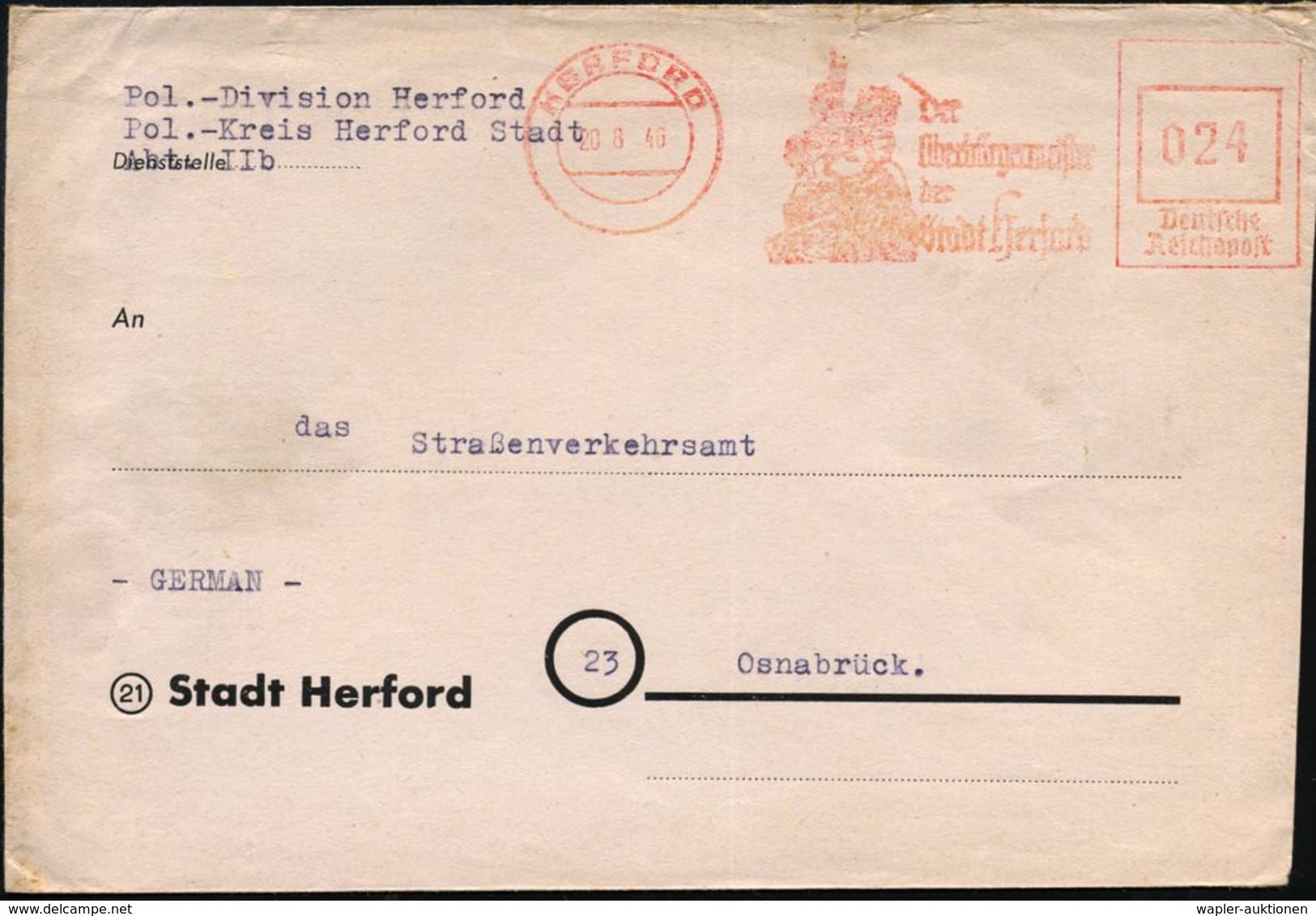 HERFORD/ Der/ Oberbürgermeister.. 1946 (20.8.) Aptierter AFS = NS-Adler Entfernt (= Wittekind-Denkmal) + Abs.-Zusatz: Po - Andere & Zonder Classificatie