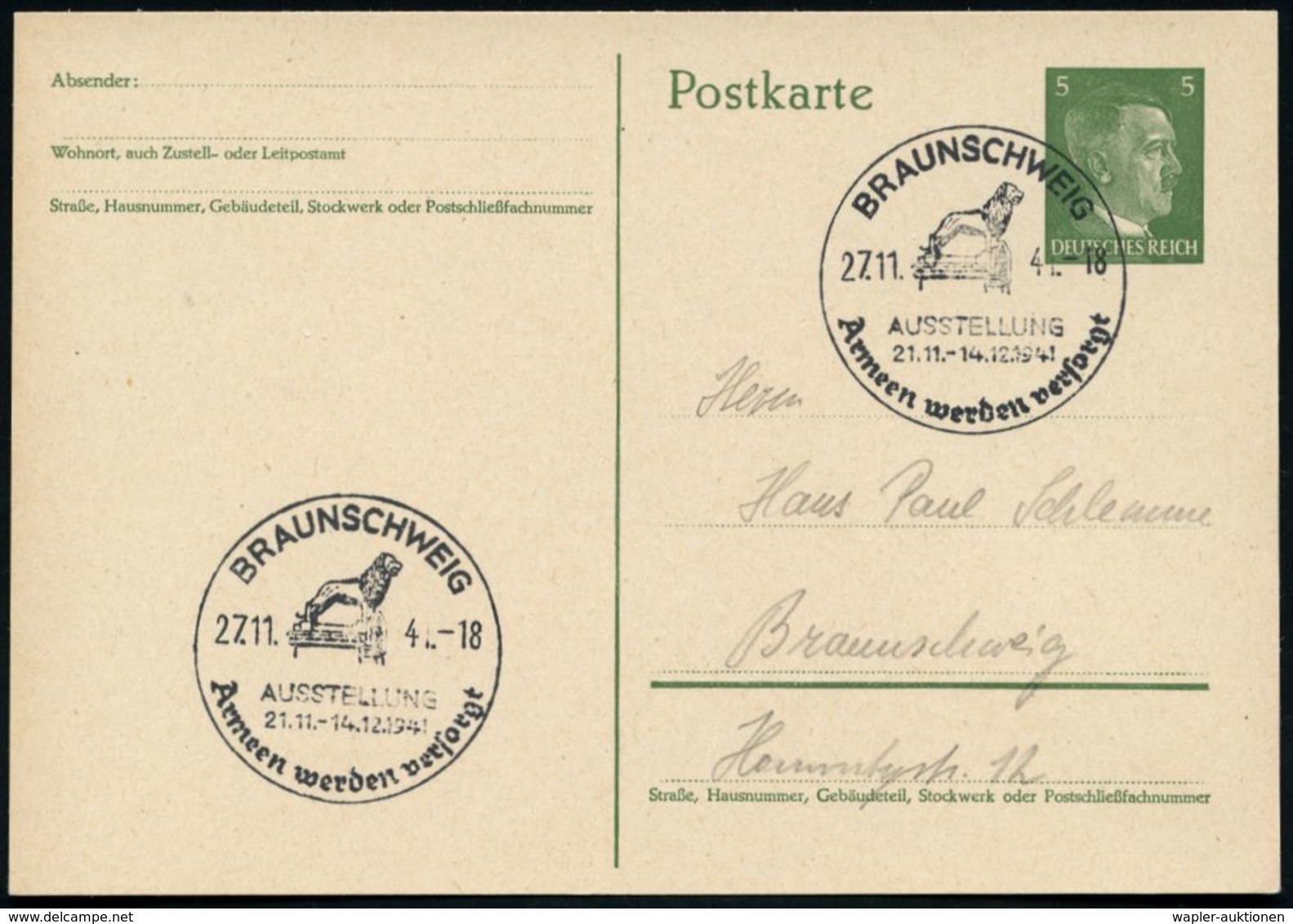 BRAUNSCHWEIG/ AUSSTELLUNG/ Armeen Werden Versorgt 1941 (27.11.) Seltener SSt (Denkmal Heinr. Des Löwen) Klar Auf Orts-Ka - Altri & Non Classificati