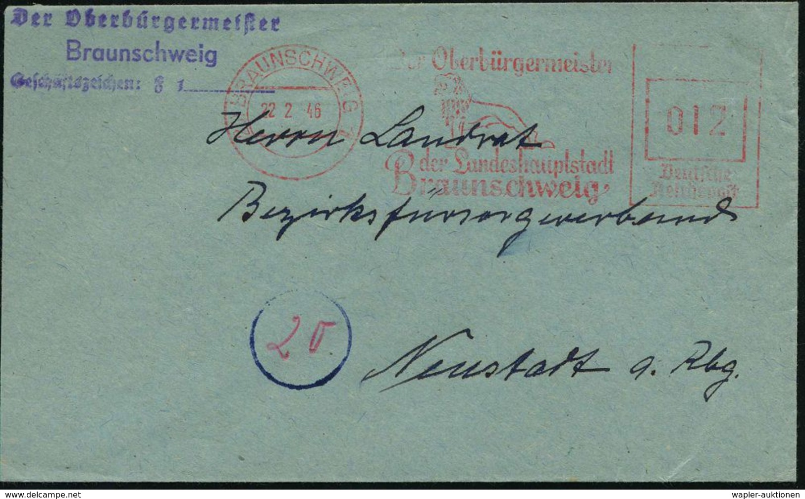 BRAUNSCHWEIG 1/ Der Oberbürgermeister/ D.Landeshauptstadt.. 1945 (22.2.) Aptierter AFS (NS-Adler Entfernt) = Löwen-Stand - Andere & Zonder Classificatie