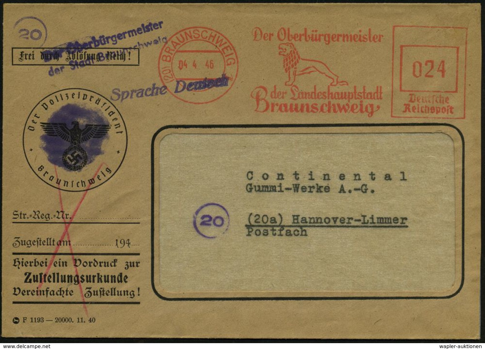 (20) BRAUNSCHWEIG 1/ Der Oberbürgermeister/ Der Landeshauptstadt.. 1946 (4.4.) Aptierter AFS = Löwendenkmal, Burglöwe (n - Altri & Non Classificati