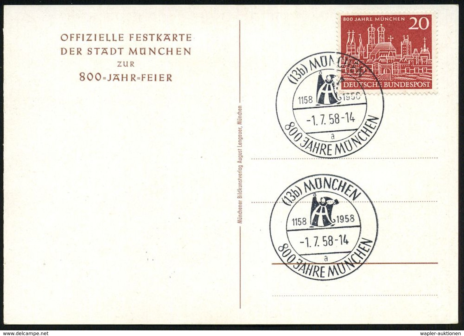 (13b) MÜNCHEN/ A/ 800 JAHRE 1958 (1.7.) SSt (Kindl) Auf EF 20 Pf. "800 Jahre München" (Mi.289) Amtl.  Color-Festpostkt.  - Andere & Zonder Classificatie