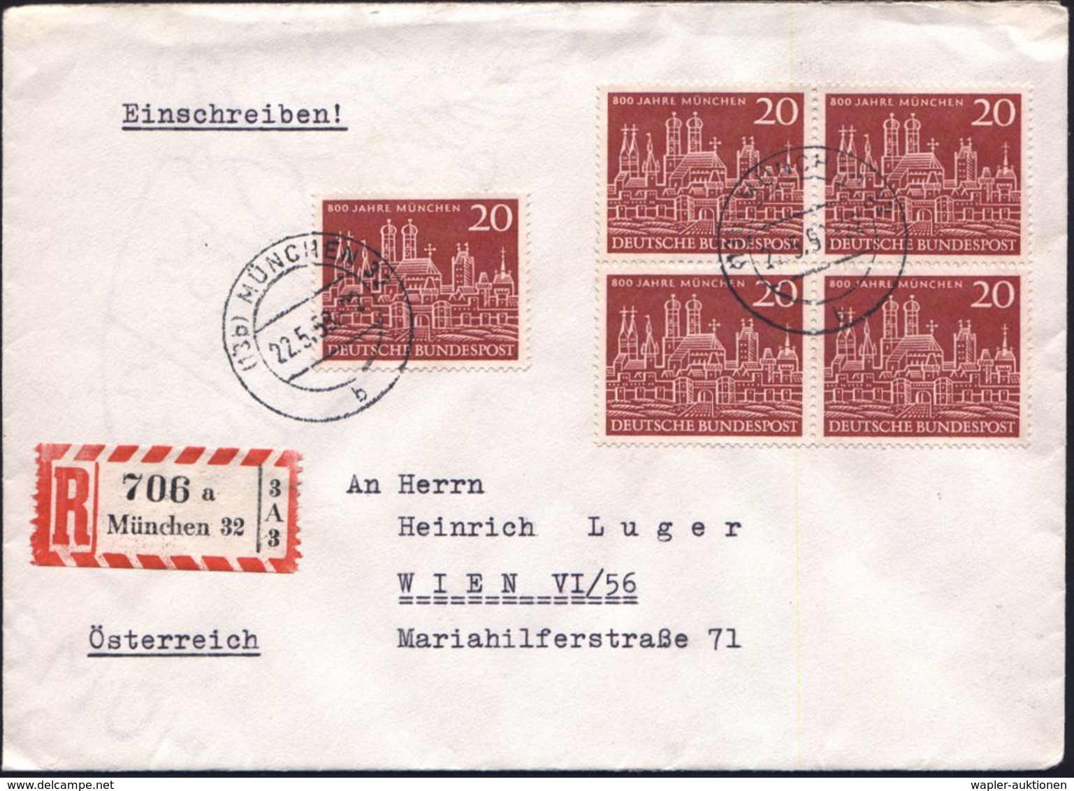 B.R.D. 1958 (22.5.) 20 Pf. "800 Jahre München" Reine MeF: 4er-Block + Einzelstück + Ortsgl.  RZ: München 32/a, Klar Gest - Altri & Non Classificati