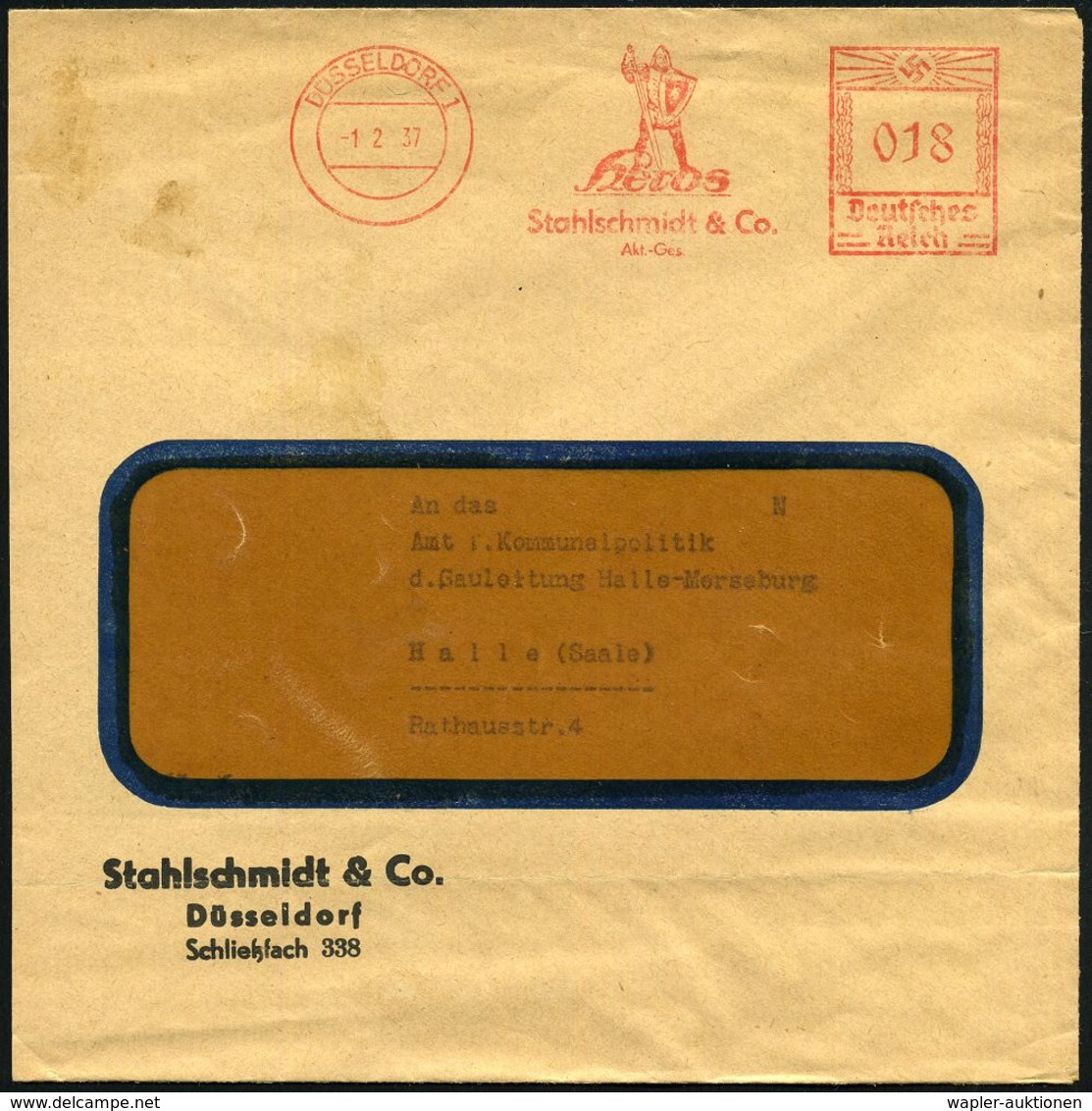 DÜSSELDORF 1/ Heros/ Stahlschmidt & Co./ Akt.-Ges. 1937 (1.2.) AFS = Ritter Zu Fuß Mit Bihänder (Schwert U. Schild) Firm - Andere & Zonder Classificatie