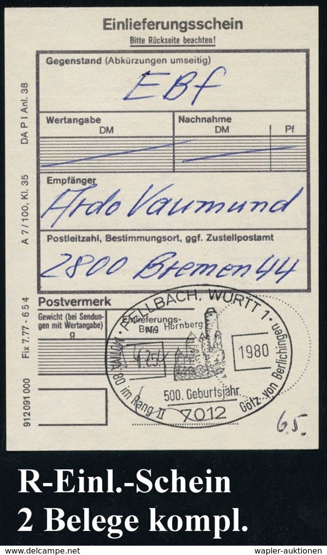 7012 FELLBACH,WÜRTT 1/ Burg Hornberg/ 500.Geburtsjahr/ Götz V.Berlichingen 1980 (1.5.) SSt = Burg Horn-berg 3x Auf 60 Pf - Autres & Non Classés