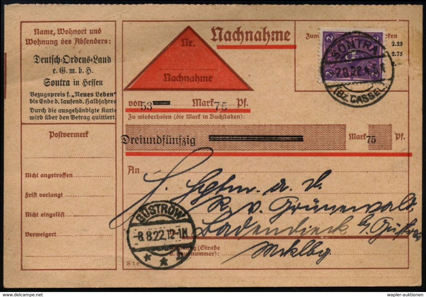 SONTRA/ (Bz.CASSEL) 1922 (2.8.) 1K-Brücke Auf NN-Vordruck-Kt.: Deutsch-Ordens-Land EGmbH (= Zeitungs-Verlag) EF 2 Mk. In - Otros & Sin Clasificación