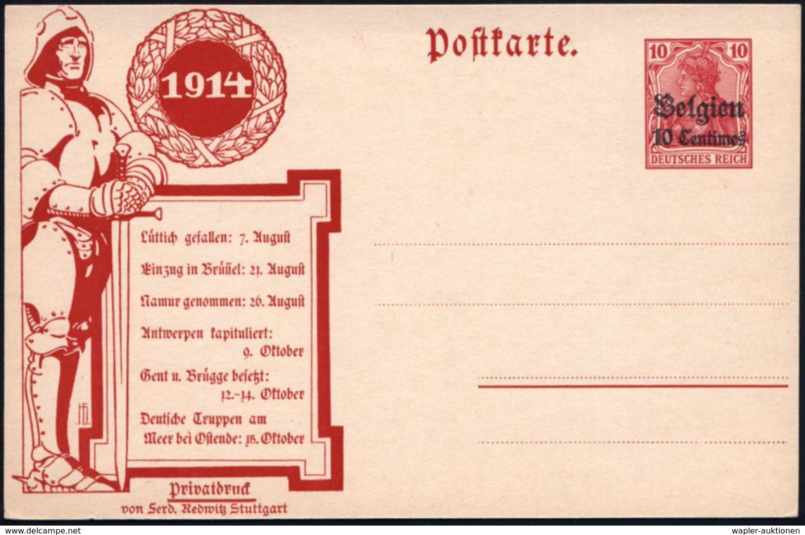 DT.BES.BELGIEN 1914 PP 10 C./10 Pf. Germania, Rot: Ordens-Ritter Mit Bi-Händer (Kriegsdaten) Ungebr. (ME.PP 3/D 1) - ORD - Autres & Non Classés