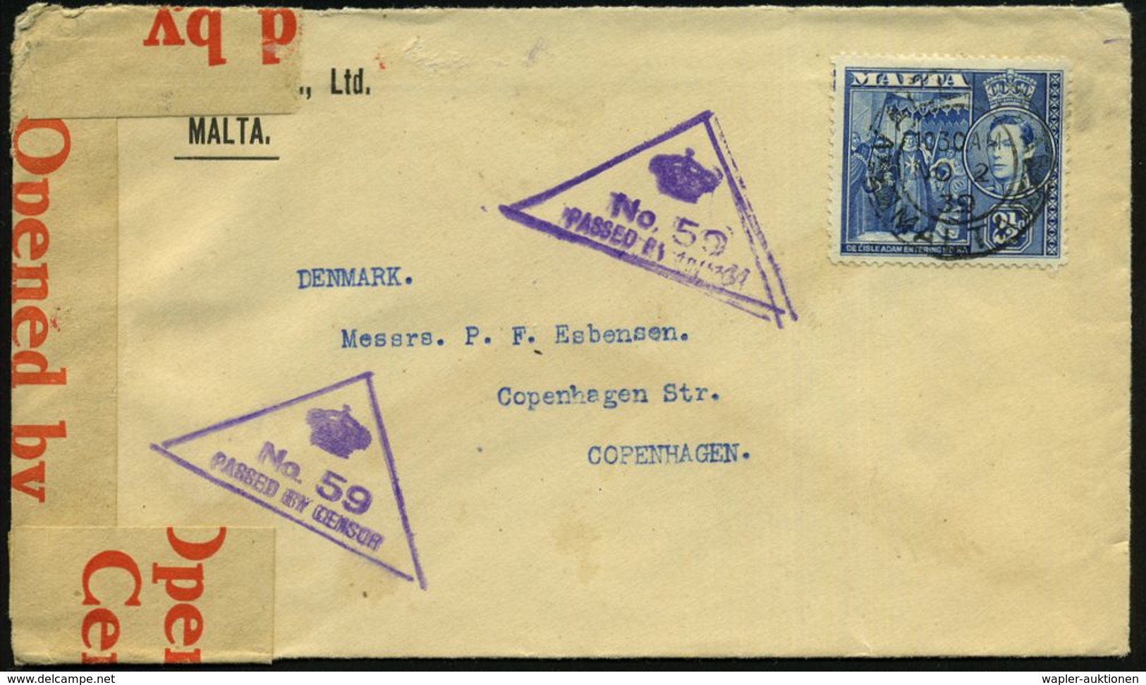 MALTA 1939 (2.11.) 2 1/2 P. "Großmeister Des Johanniter Ordens De L'Isle Adam", EF Sauber Gest. + Zensur-Dreieck: No.50/ - Autres & Non Classés