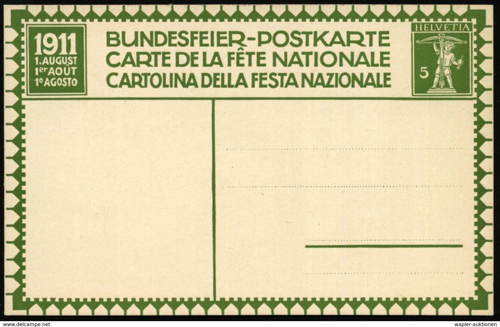 SCHWEIZ 1911 5 C. Sonder-P. Bundesfeier: Burgunderschlacht = Eidgenossen Gegen Ritter  = Blindenhilfe, Ungebr. (Mi.P 44) - Andere & Zonder Classificatie