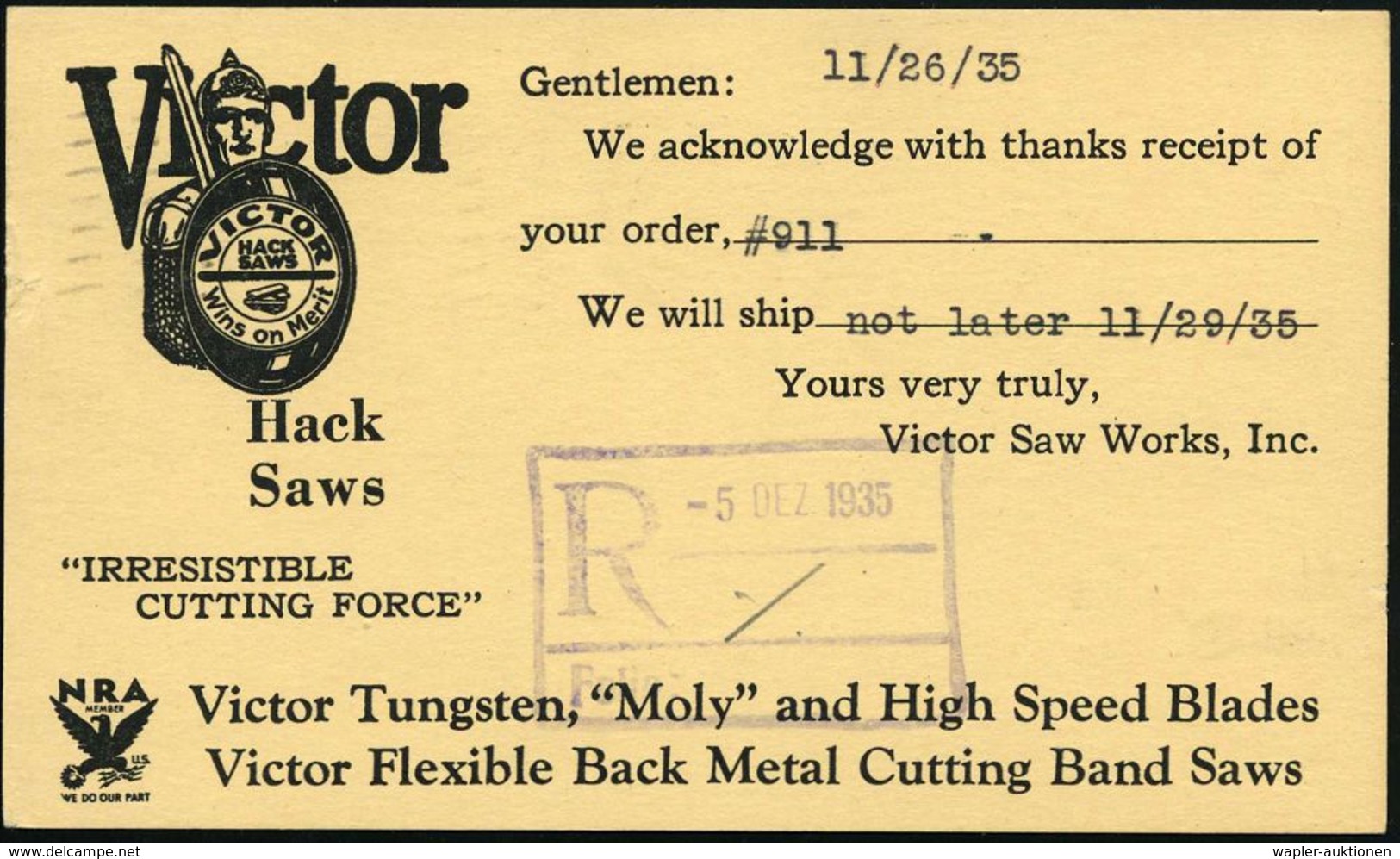 U.S.A. 1935 (26.11.) Reklame-PP 1 C. Jefferson, Grün: VICTOR/HACK SAWS.. = Ritter (mit Helm U. Schwert) MaWellenSt.: MID - Otros & Sin Clasificación