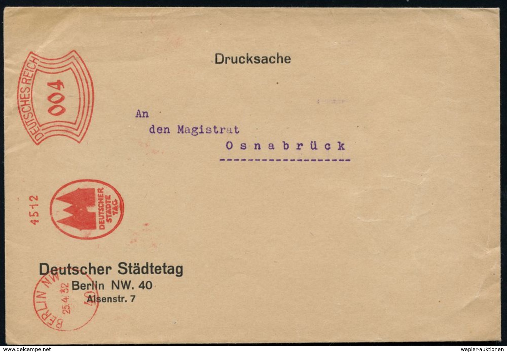 BERLIN NW/ 40/ DEUTSCHER/ STÄDTE/ TAG 1932 (25.4.) AFS = Stilis. Holstentor (Lübeck) Dienst-Bf.: Deutscher Städtetag  (D - Sonstige & Ohne Zuordnung