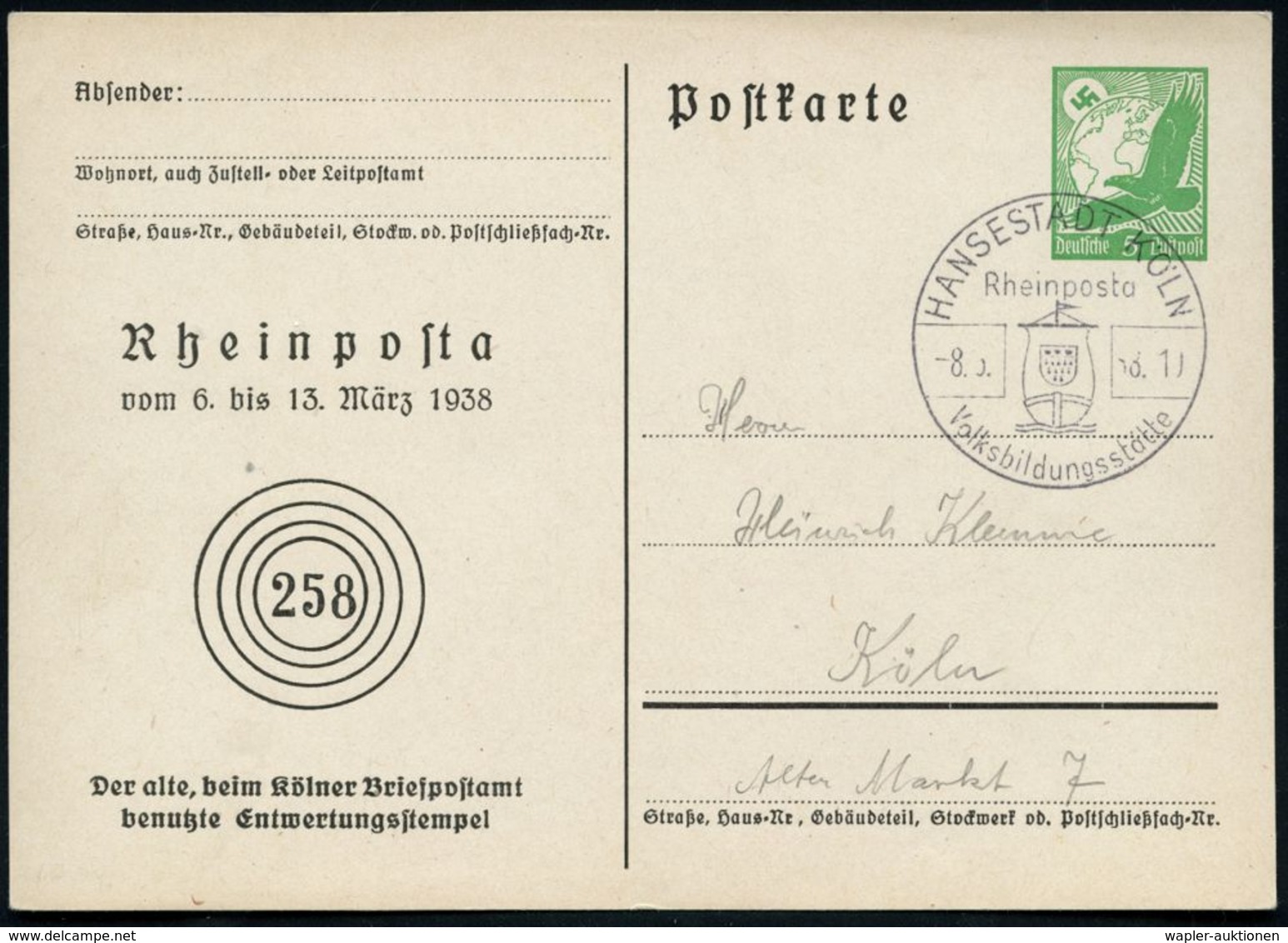 H A N S E S T A D T  KÖLN/  Rheinposta.. 1938 (8.3.) SSt = Hanse-Kogge Auf Passender PP 5 Pf. Adler, Grün: Rheinposta (M - Sonstige & Ohne Zuordnung