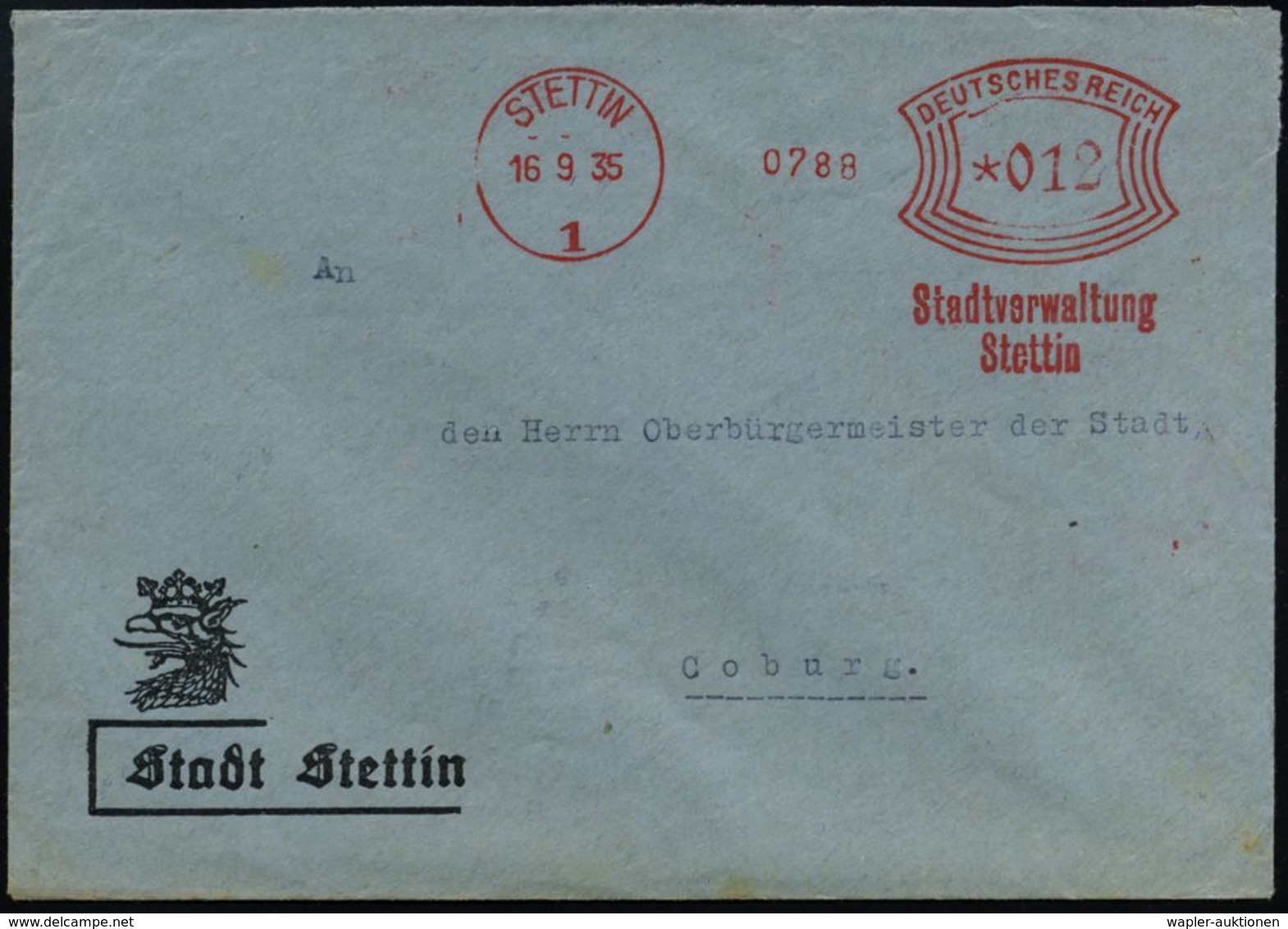 STETTIN/ 1/ Stadtverwaltung 1935 (16.9.) AFS Auf Dekorat., Kommunalem SU: Stadt Stettin Mit Stadtwappen  (Dü.E-1Am) - DI - Sonstige & Ohne Zuordnung