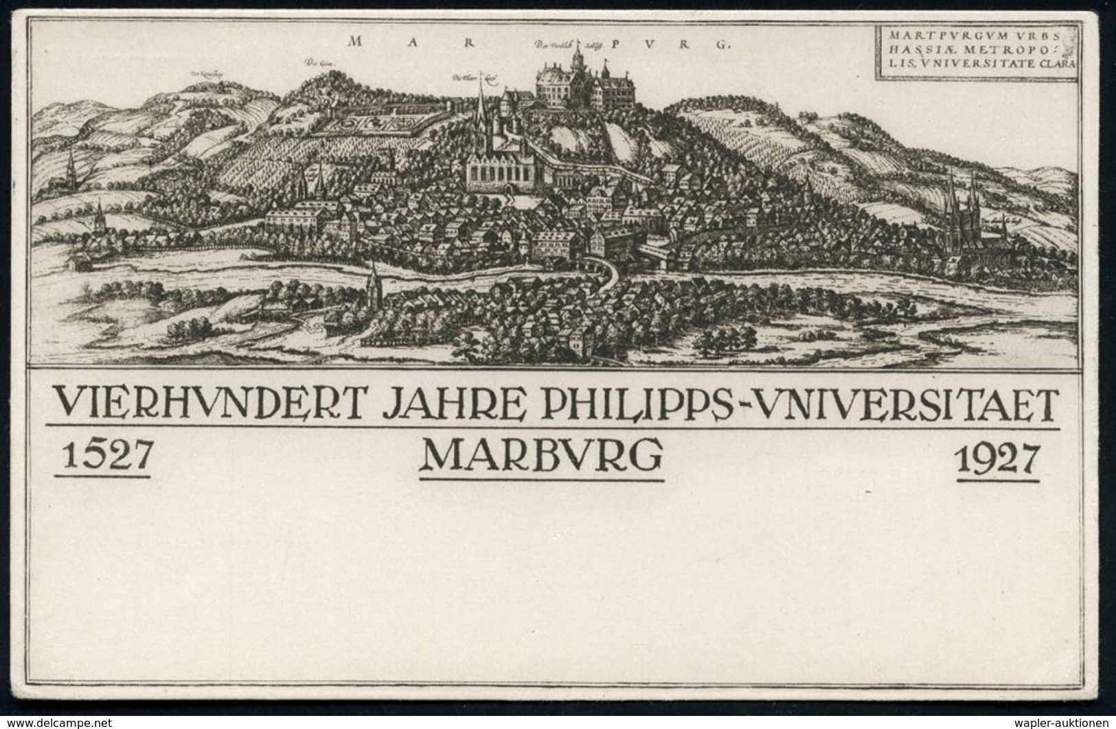 Marburg 1927 (11.8.) PP 5 Pf. Schiller, Grün: 400 JAHRE PHILIPPS-UNIVERSITÄT = Stich Mit Alt-Marburg, Schloß Philipps De - Altri & Non Classificati