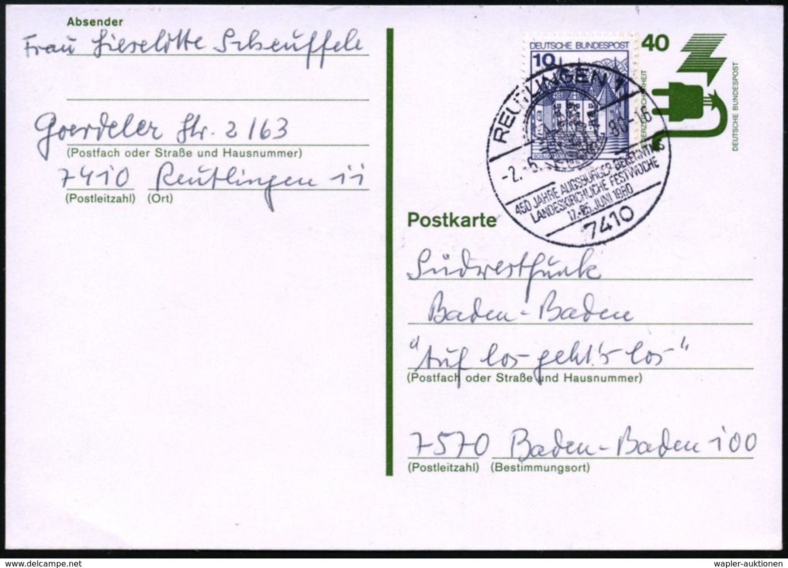 7410 REUTLINGEN 1/ 450 JAHRE AUGSBURGER BEKENNTNIS/ LANDESKIRCHLICHE FESTWOCHE 1980 (2.6.) Seltener HWSt (Siegel) Bedarf - Andere & Zonder Classificatie