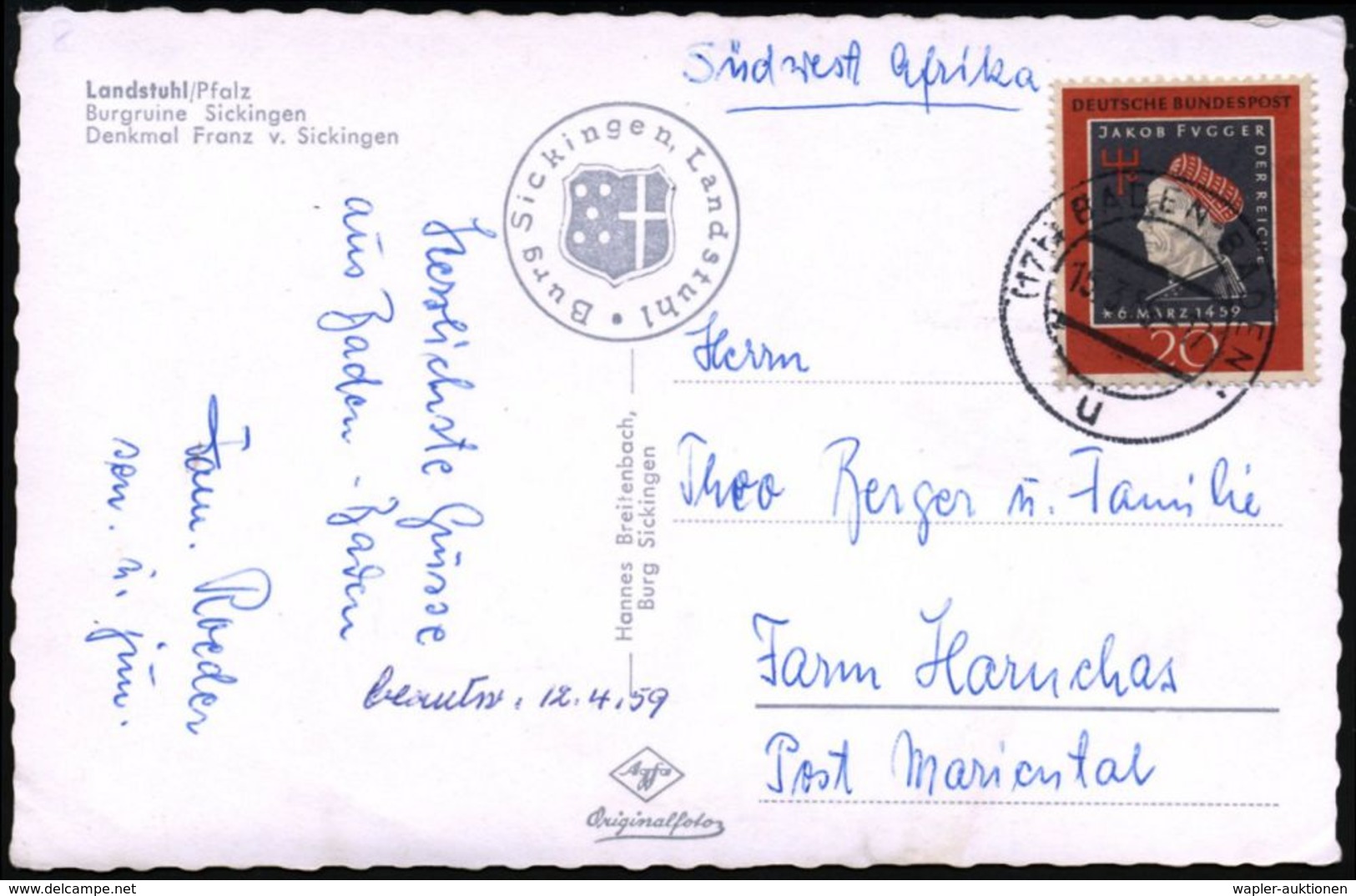 B.R.D. 1959 (15.3.) 20 Pf. "500. Geburtstag Jakob Fugger", EF , Klar Gest. (Baden-Baden) Übersee-Kt. N. SWA !  (Mi.307 E - Autres & Non Classés