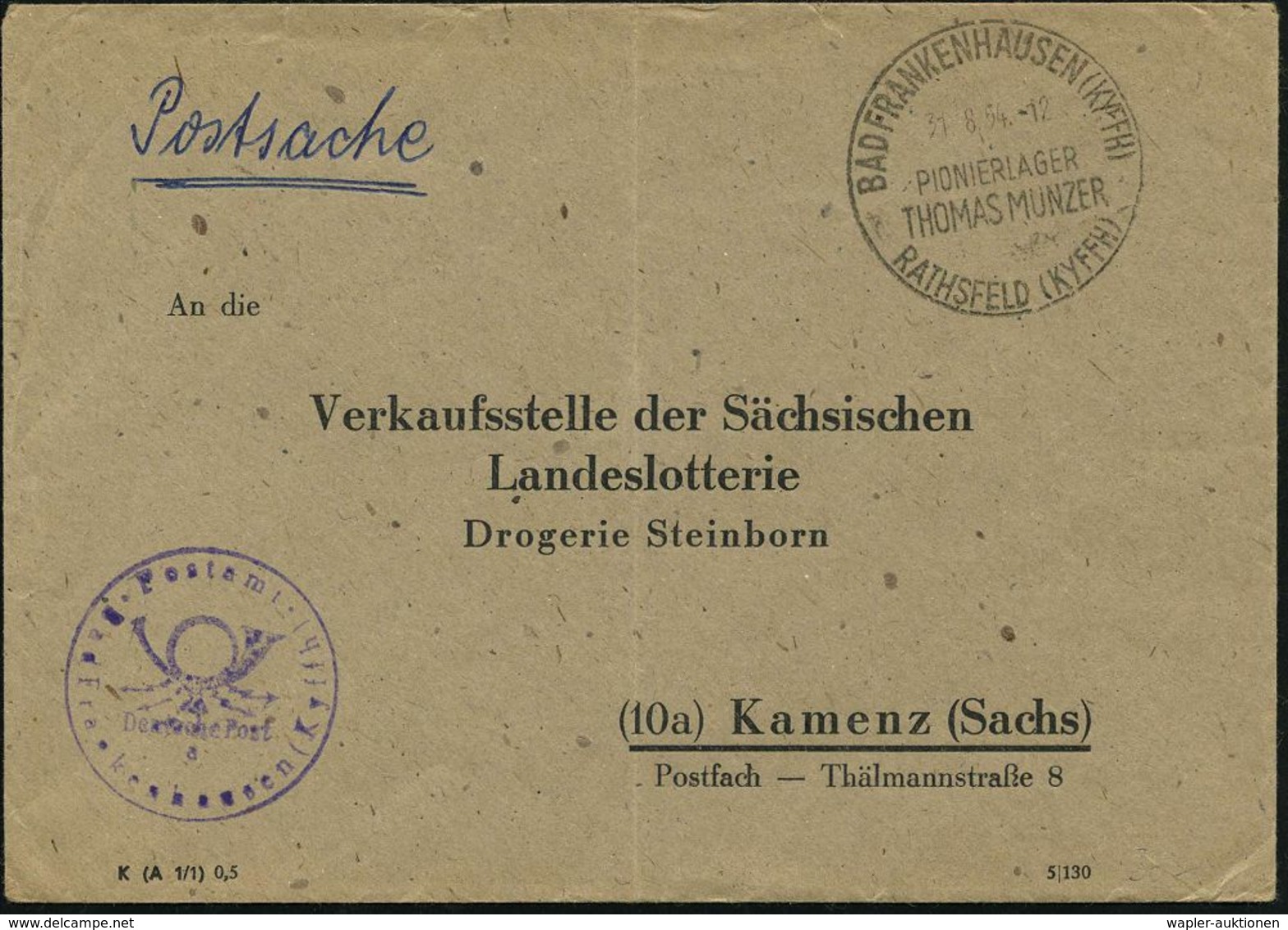 BAD FRANKENHAUSEN (KYFF)/ PIONIERLAGER/ THOMAS MÜNTZER.. 1954 (31.8.) Seltener SSt + Viol. 1K-HdN: Post-amt/Bad Frankenh - Altri & Non Classificati
