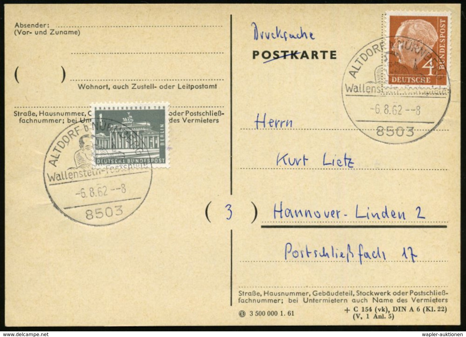 8503 ALTDORF B NÜRNBERG/ Wallenstein-Festspiele 1962 (6.8.) HWSt = Kopfbild Wallenstein 2x Klar Auf Inl.-Kt.  (Bo.3 ,Ers - Altri & Non Classificati