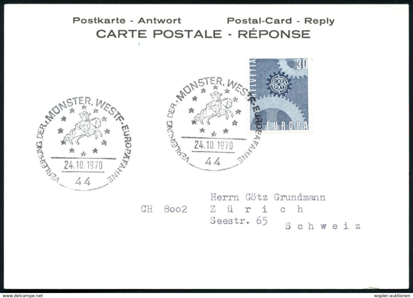 44 MÜNSTER,WESTF/ VERLEIHUNG DER EUROPAFAHNE 1970 (24.10.) SSt = Westfäl. Friedensreiter (u. Europ. Sterne) Klar Auf Sch - Andere & Zonder Classificatie