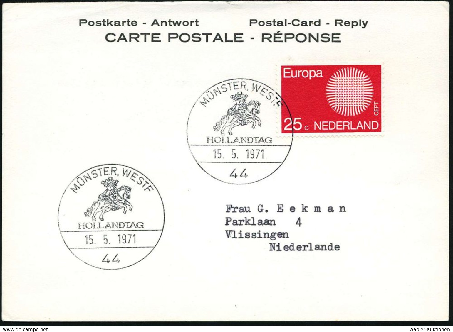 44 MÜNSTER,WESTF/ HOLLANDTAG 1971 (15.5.) SSt = Westfäl. Friedensreiter Auf EF Niederlande 25 C. "Europa CEPT" (Mi.942 E - Altri & Non Classificati