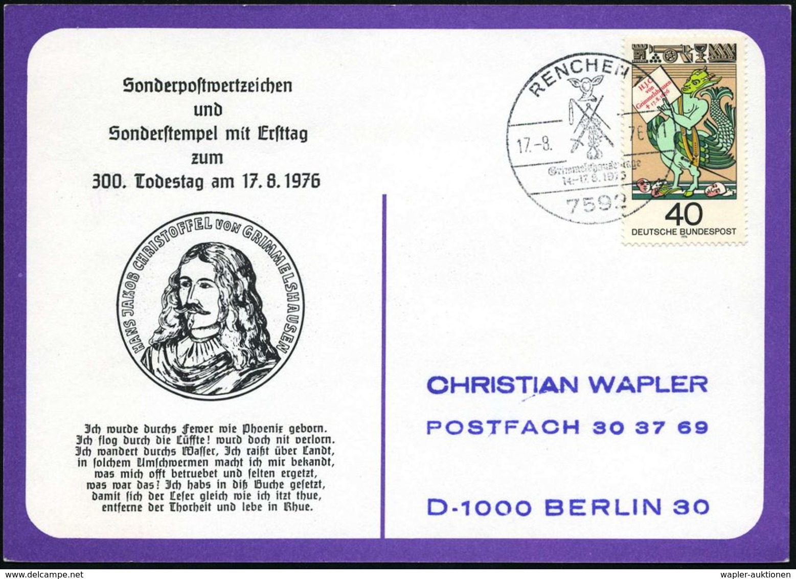 7592 RENCHEN/ Grimmelshausentage 1976 (17.8.) SSt (Grimmelshausen-Wappen) Auf EF 40 Pf. Grimmelshausen (Mi.402 EF!), Jub - Altri & Non Classificati