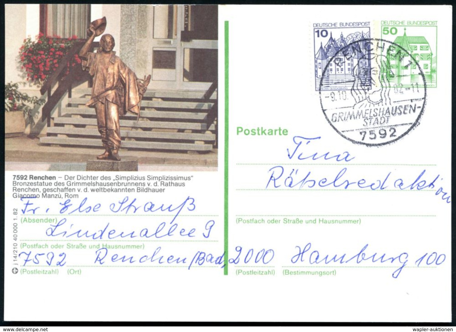 7592 RENCHEN 1/ GRIMMELSHAUSEN-/  STADT 1982 (Okt.) HWSt Auf Orts- U. Motivgl. BiP 50 Pf.: Grimmelshausen-Denkmal (Mi.P  - Altri & Non Classificati