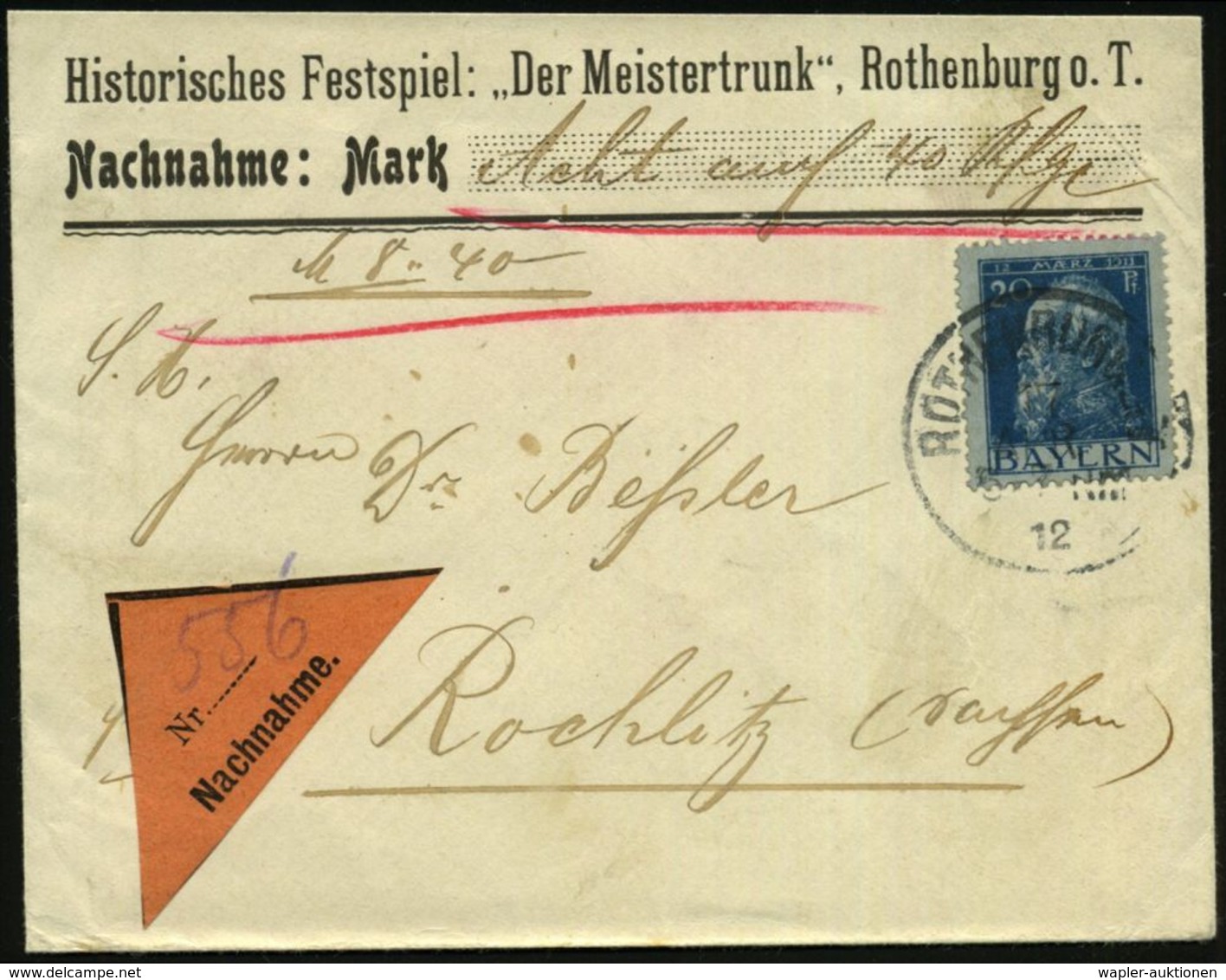 ROTHENBURH O.T. 1912 (17.4.) 1K Auf EF 20 Pf. Luitpold Auf Vordruck-Bf.: Historischer Festspiel: "Der Meistertrunk".. ,  - Sonstige & Ohne Zuordnung