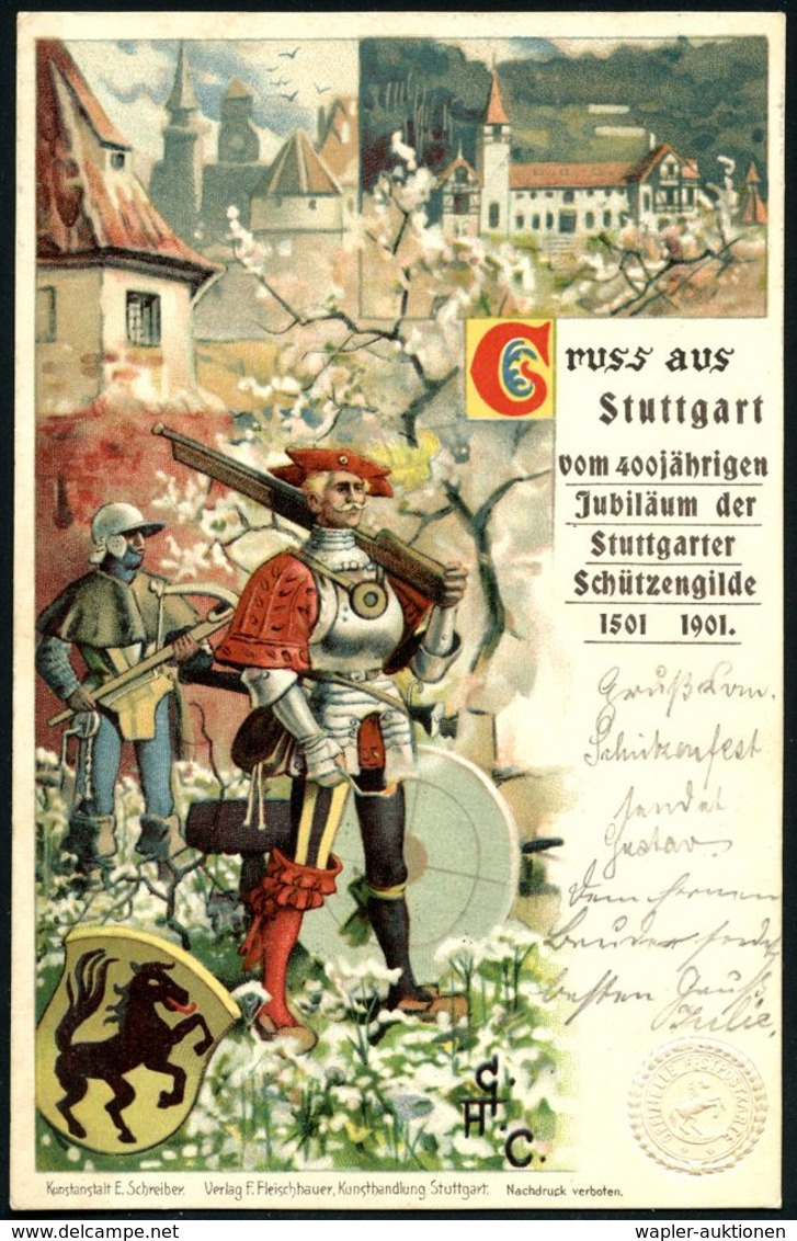 STUTTGART Nr.1 1901 (6.6.) 1K Auf PP 2 Pf. Ziffer, Grau: 400jähr. Jubiläum Der Stuttgarter Schützengilde 1901 = Musketie - Andere & Zonder Classificatie