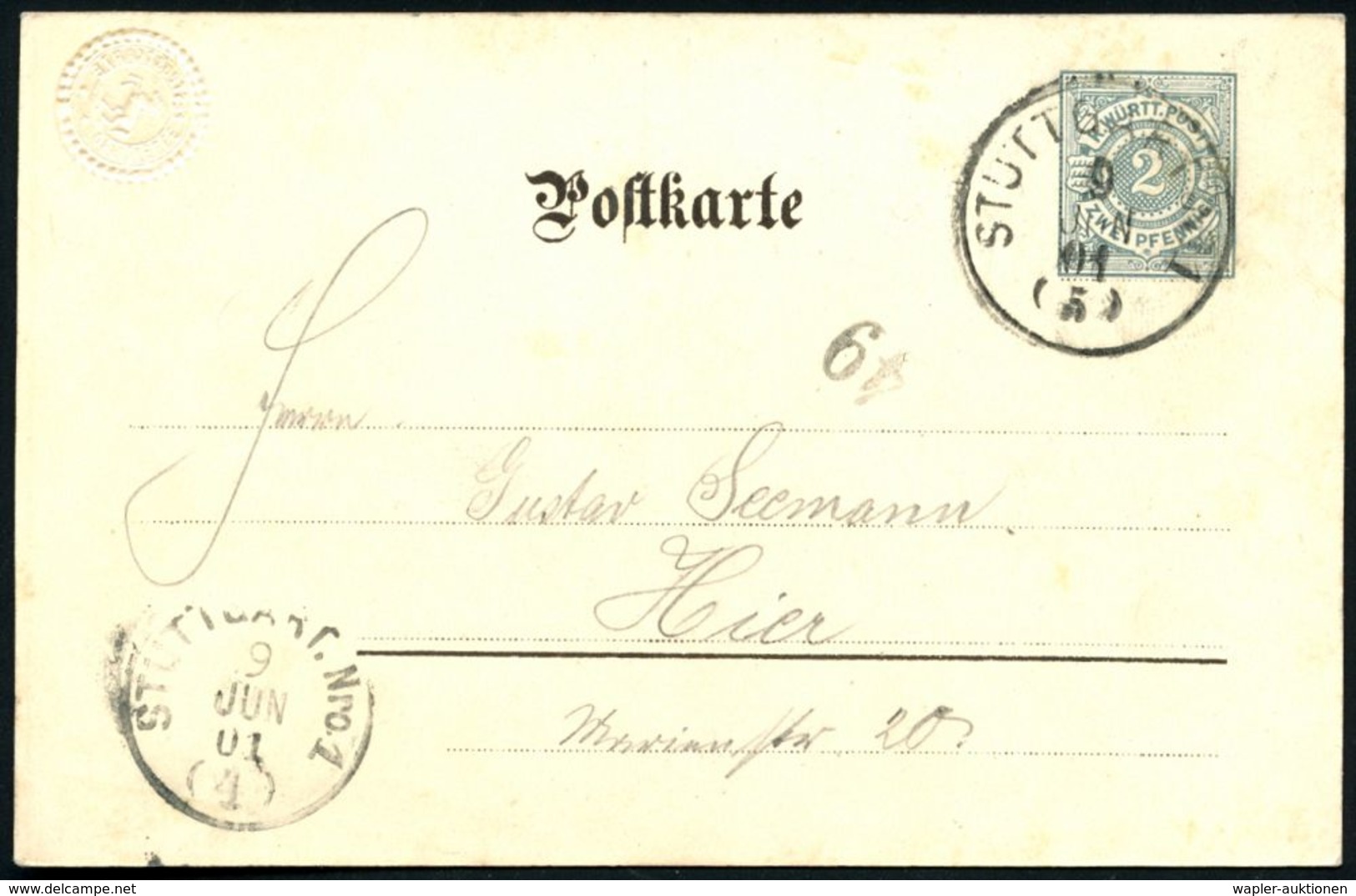 STUTTGART Nr.1 1901 (6.6.) 1K Auf PP 2 Pf. Ziffer, Grau: 400jähr. Jubiläum Der Stuttgarter Schützengilde 1901 = Musketie - Autres & Non Classés