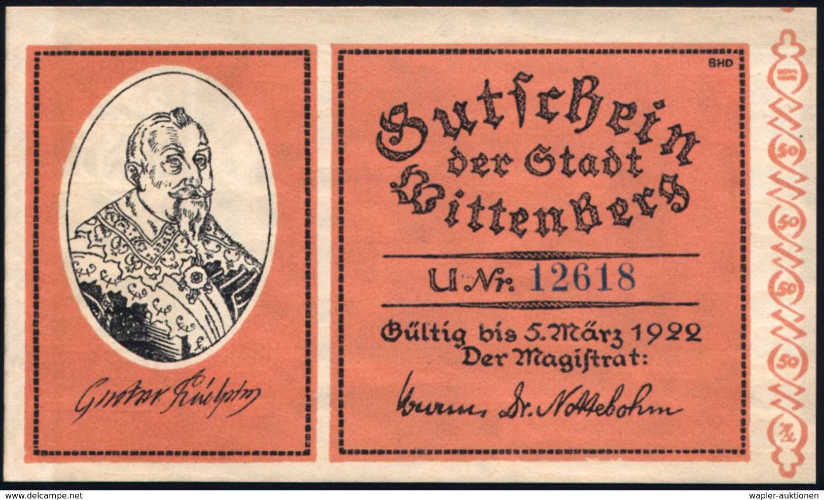 Wittenberg 1922 Infla-Notgeld-Scheine 25 Pf. (2 versch.), 50 Pf. (2 versch), 1 Mk, 2 Mk.,5 Mk. u. 10 Mk. , dabei Gustav-