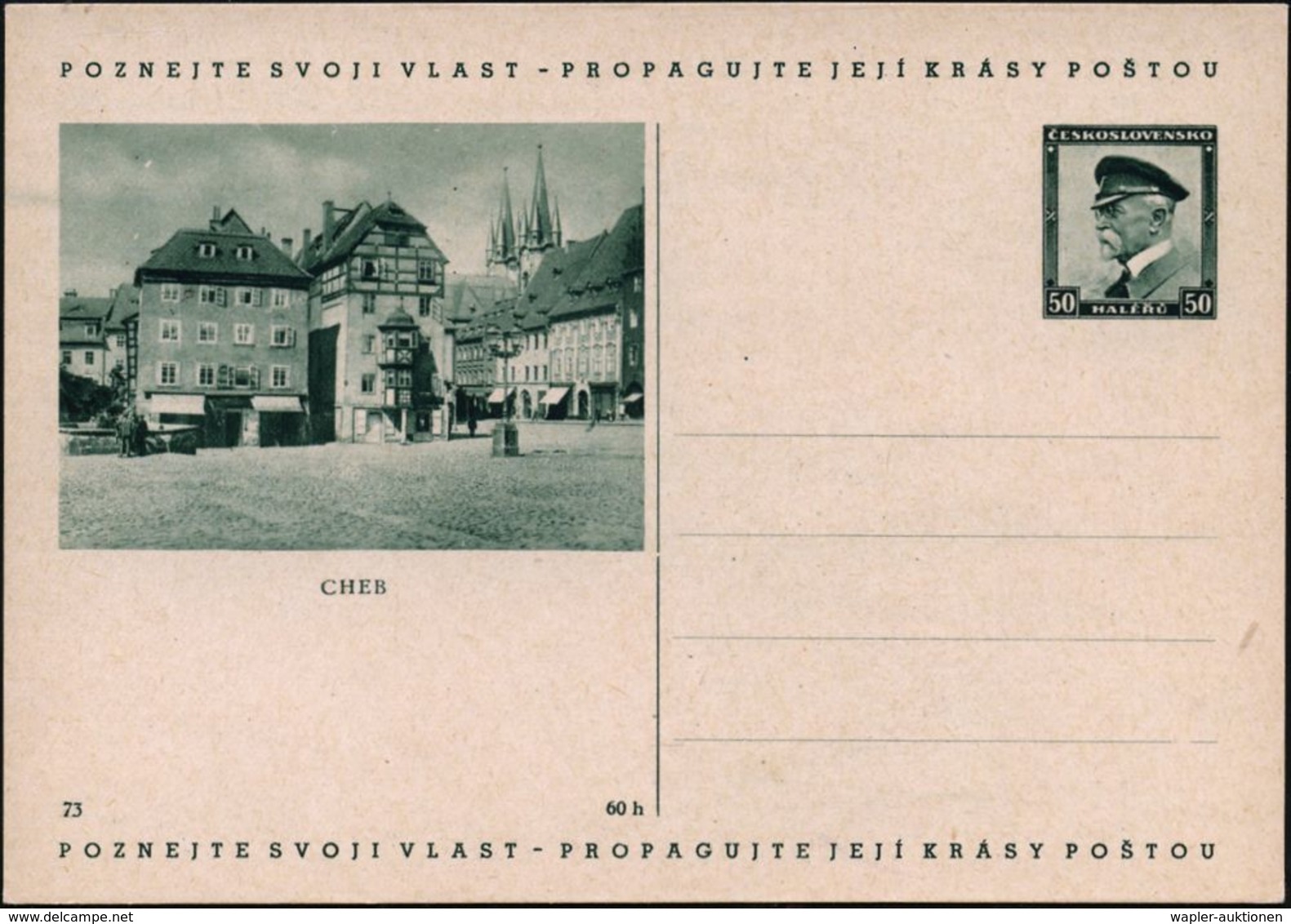 TSCHECHOSLOWAKEI 1937 50 H. BiP Masaryk, Grün: CHEB = Eger, Haus Am Markt, In Dem Wallenstein (Albrecht V. Waldstein) 16 - Andere & Zonder Classificatie