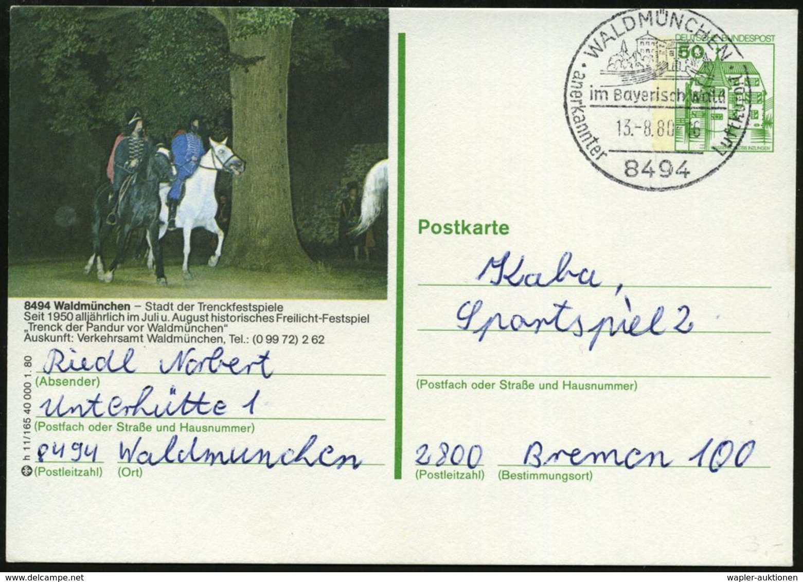 8494 Waldmünchen 1980 (13.8.) 50 Pf. BiP Burgen, Grün: ..Trenckfestspiele "Trenck Der Pandur V. Waldmünchen" = 2 Husaren - Andere & Zonder Classificatie