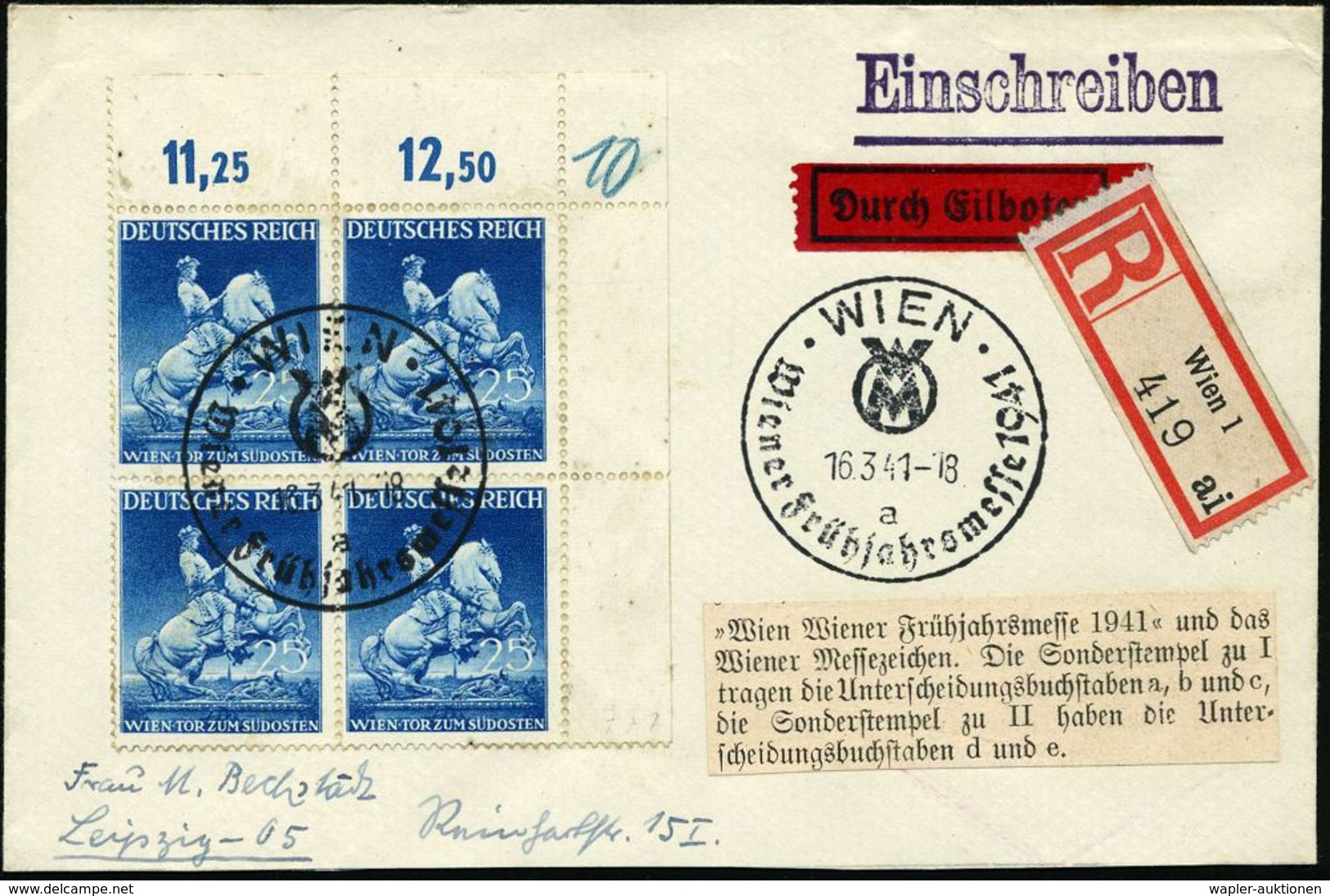 DEUTSCHES REICH 1941 (16.3.) 25 Pf. Wiener Messe = Prinz Eugen V.Savoyen, Reine MeF: Bogen-Eckrand-4er-Block (Mi.771 MeF - Sonstige & Ohne Zuordnung