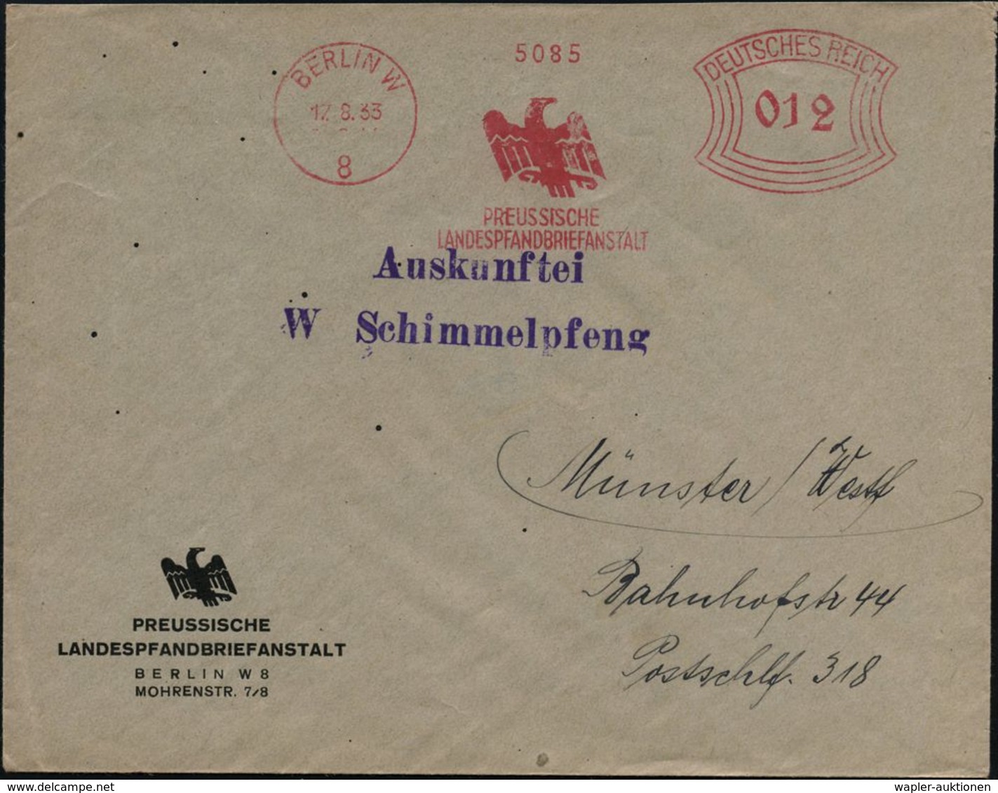 BERLIN W/ 8/ PREUSSISCHE/ LANDESPFANDBRIEFANSTALT 1933 (12.8.) AFS  = Alter Preuss. Adler (noch Ohne Hakenkreuz) Dekorat - Sonstige & Ohne Zuordnung