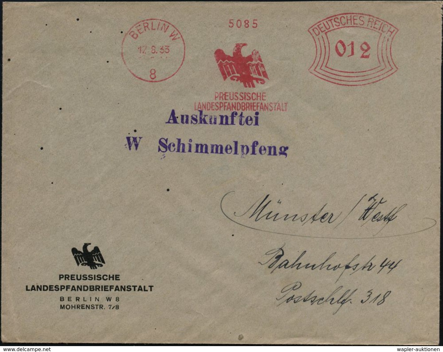 BERLIN W/ 8/ PREUSSISCHE/ LANDESPFANDBRIEFANSTALT 1933 (12.8.) AFS  = Alter Preuss. Adler (noch Ohne Hakenkreuz) Dekorat - Andere & Zonder Classificatie