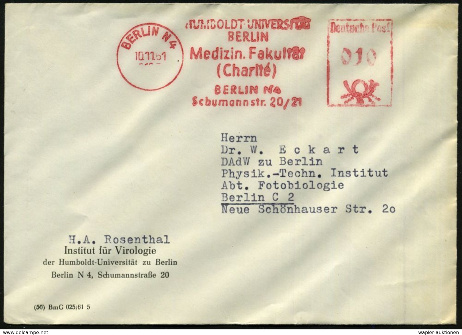 BERLIN N4/ HUMBOLDT-UNIVERSITÄT/ ..MEDIZIN:Fakultät/ (Charité).. 1961 (10.11.) AFS Auf Dienst-Bf.: Institut Für Virologi - Altri & Non Classificati