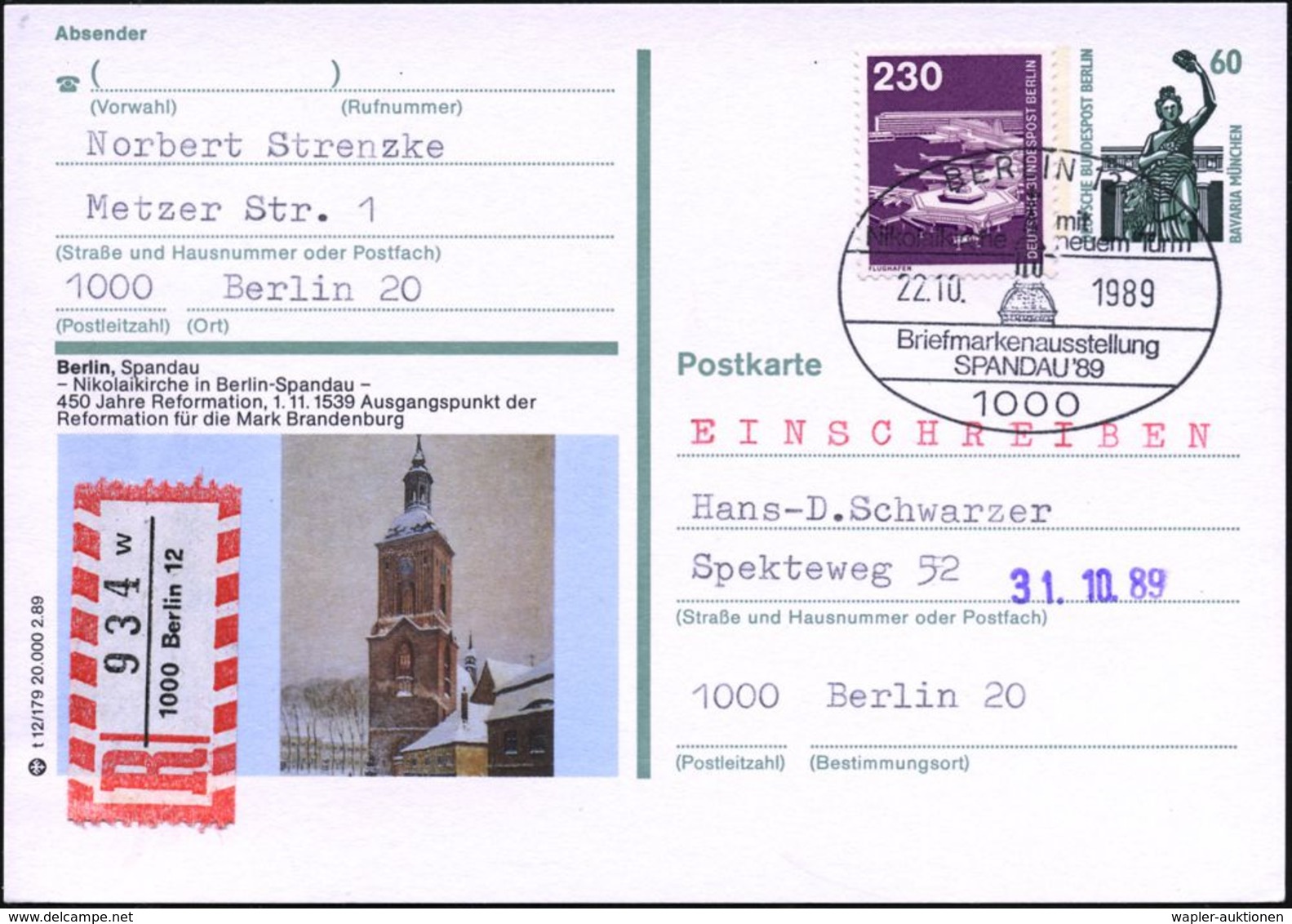 1000 BERLIN 12/ Nikolaikirche/ M./ Neuem Turm.. 1989 (22.10.) SSt = Kirchtumspitze Auf Motiv-ähnl. BiP 60 Pf. Bava-ria:  - Altri & Non Classificati