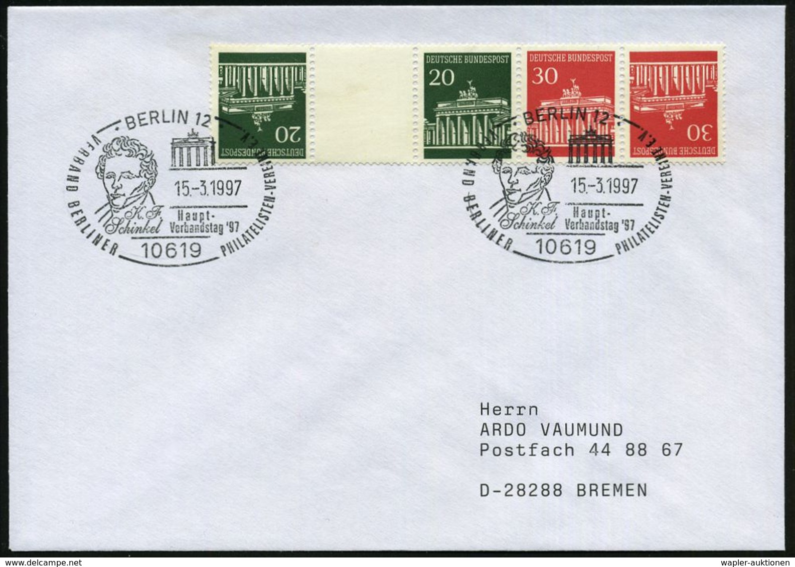 10619 BERLIN 12/ K.F./ Schinkel/ Haupt-/ Verbandstag.. 1997 (15.3.) SSt = F.K. Schinkel, Brandenburger Tor Auf Passender - Sonstige & Ohne Zuordnung