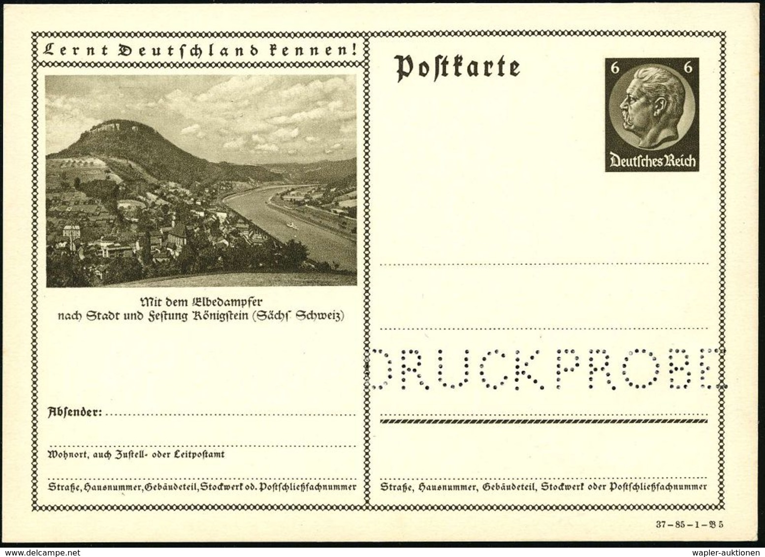 Königstein (Sächs Schweiz) 1937 6 Pf. BiP Hindenbg. Braun + Amtl. Lochung:  "D R U C K P R O B E" (Ort Mit Festung, Elbe - Altri & Non Classificati