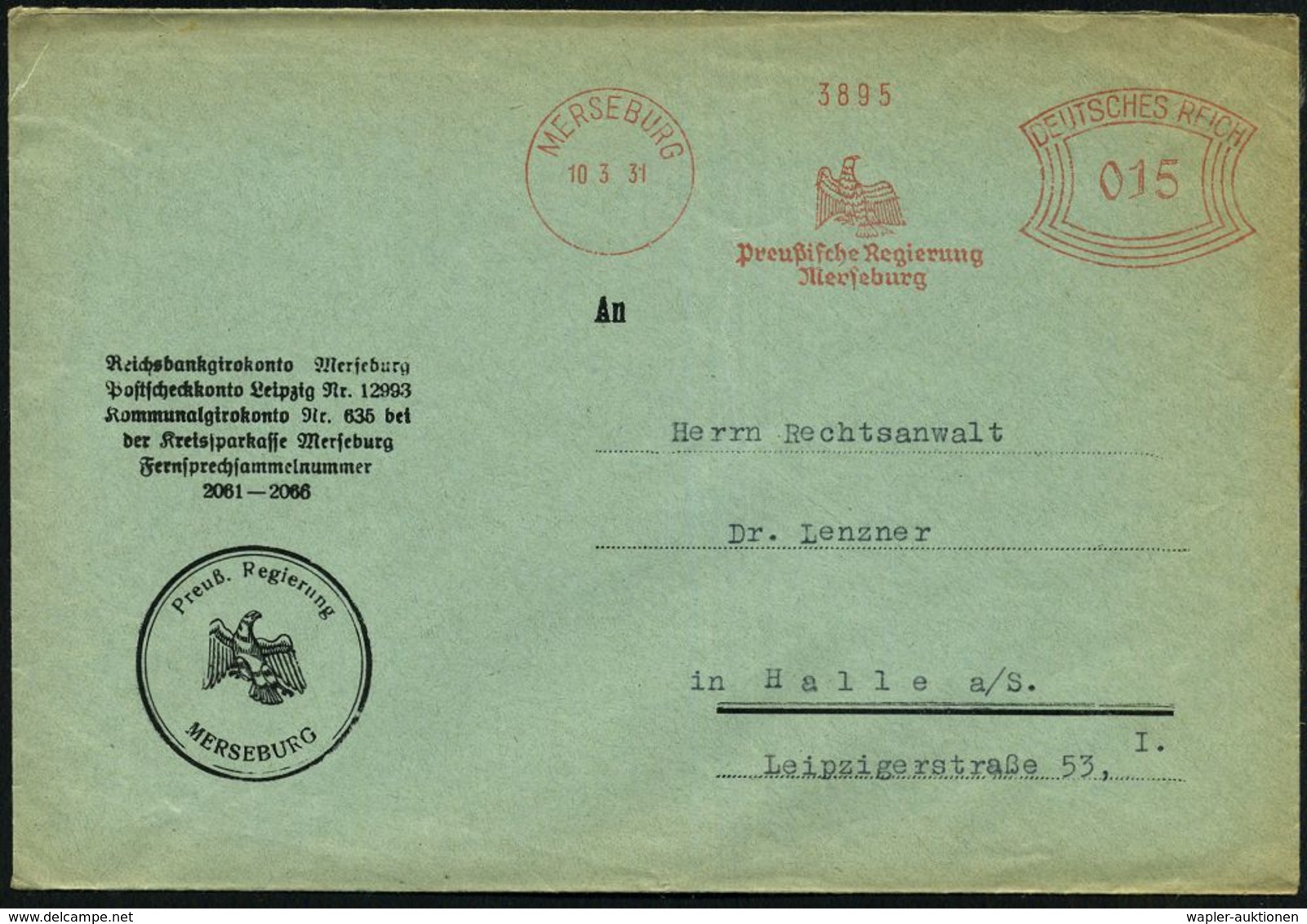 MERSEBURG/ Preußische Regierung/ Merseburg 1931 (10.3.) AFS (preuß.Adler), Motivgl. Dienst-Dienstbf.  (Dü.E-1CEh) - DEUT - Autres & Non Classés