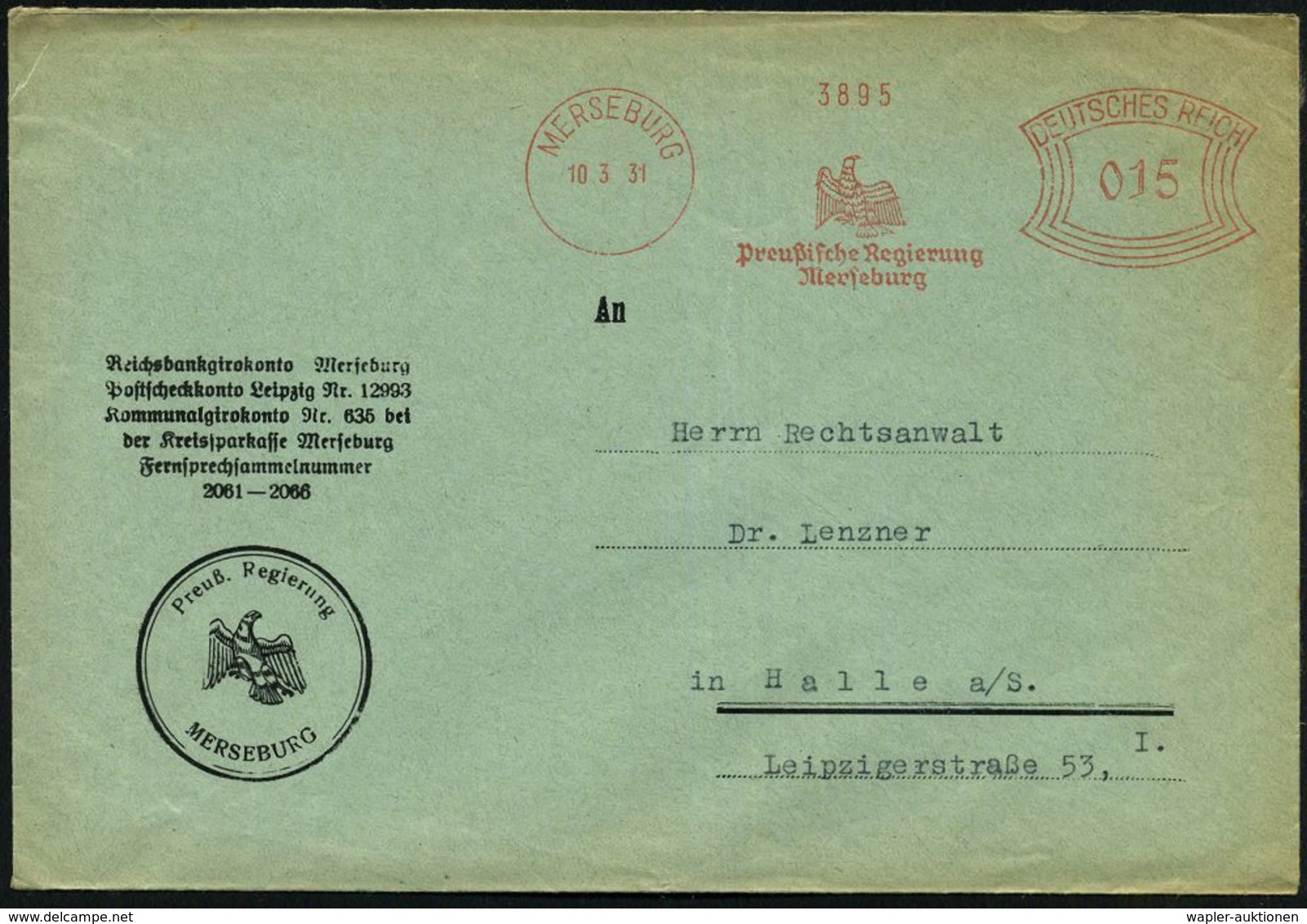 MERSEBURG/ Preußische Regierung/ Merseburg 1931 (10.3.) AFS (preuß.Adler), Motivgl. Dienst-Dienstbf.  (Dü.E-1CEh) - DEUT - Andere & Zonder Classificatie