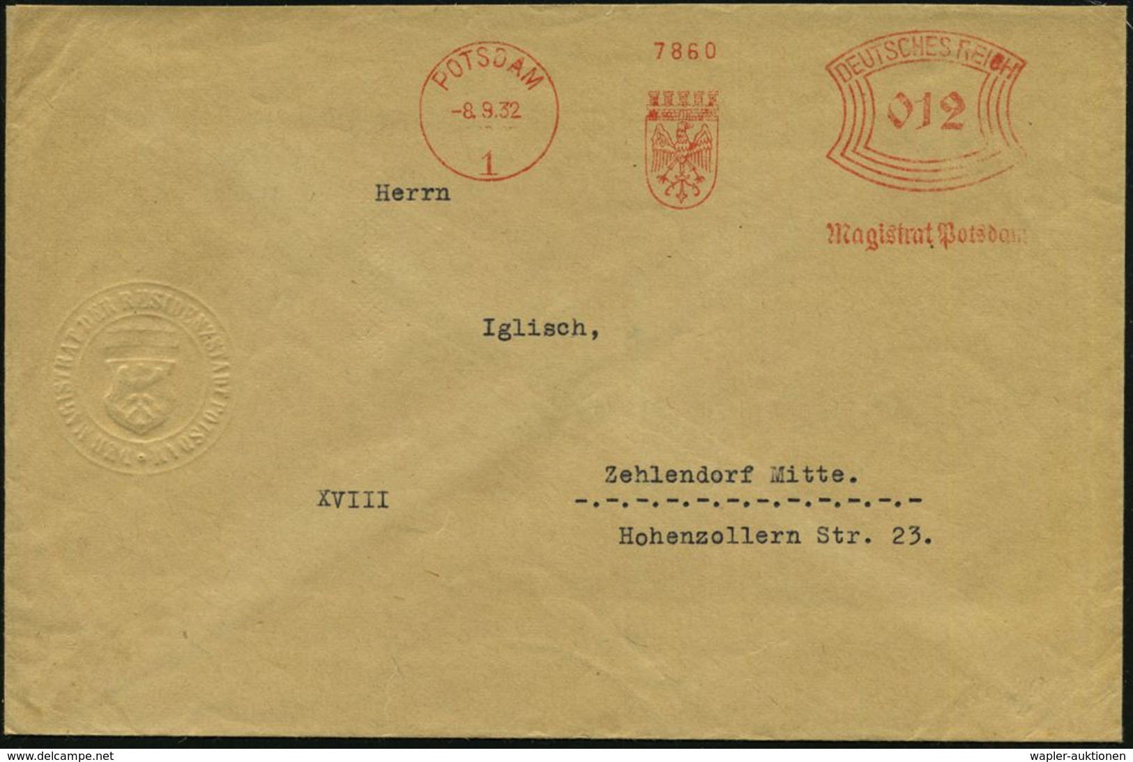 POTSDAM/ 1/ Magistrat Potsdam 1932 (8.9.) AFS = Stadtwappen (Adler) + Motivgl. Wappen-Blindprägesiegel!, Dekorat. Fernbf - Altri & Non Classificati