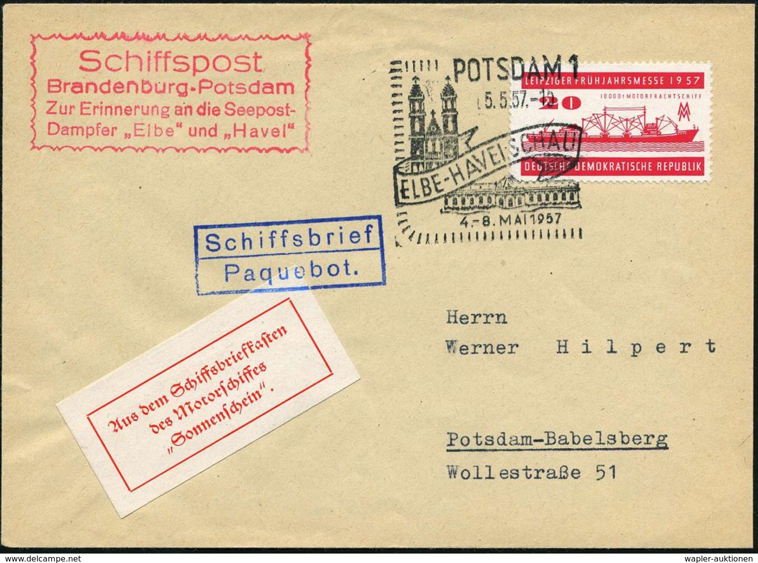 POTSDAM 1/ ELBE-HAVELSCHAU 1957 (5.5.) SSt = Schloß Sanssouci (u. Magdeburger Dom) + Roter HdN Ra.4: Schiffspost/ Brande - Altri & Non Classificati